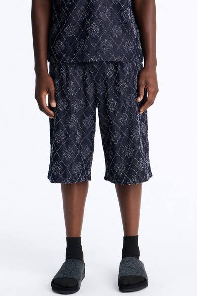 Baggy Diamond Frayed Jacquard Long Short - Navy