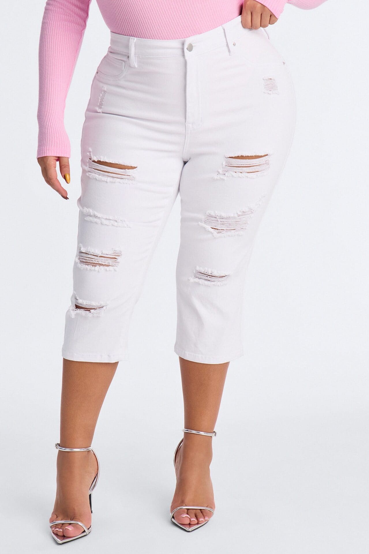 Salem Booty Lifting Ripped High Rise Stretch Capri Jeans - White alternate