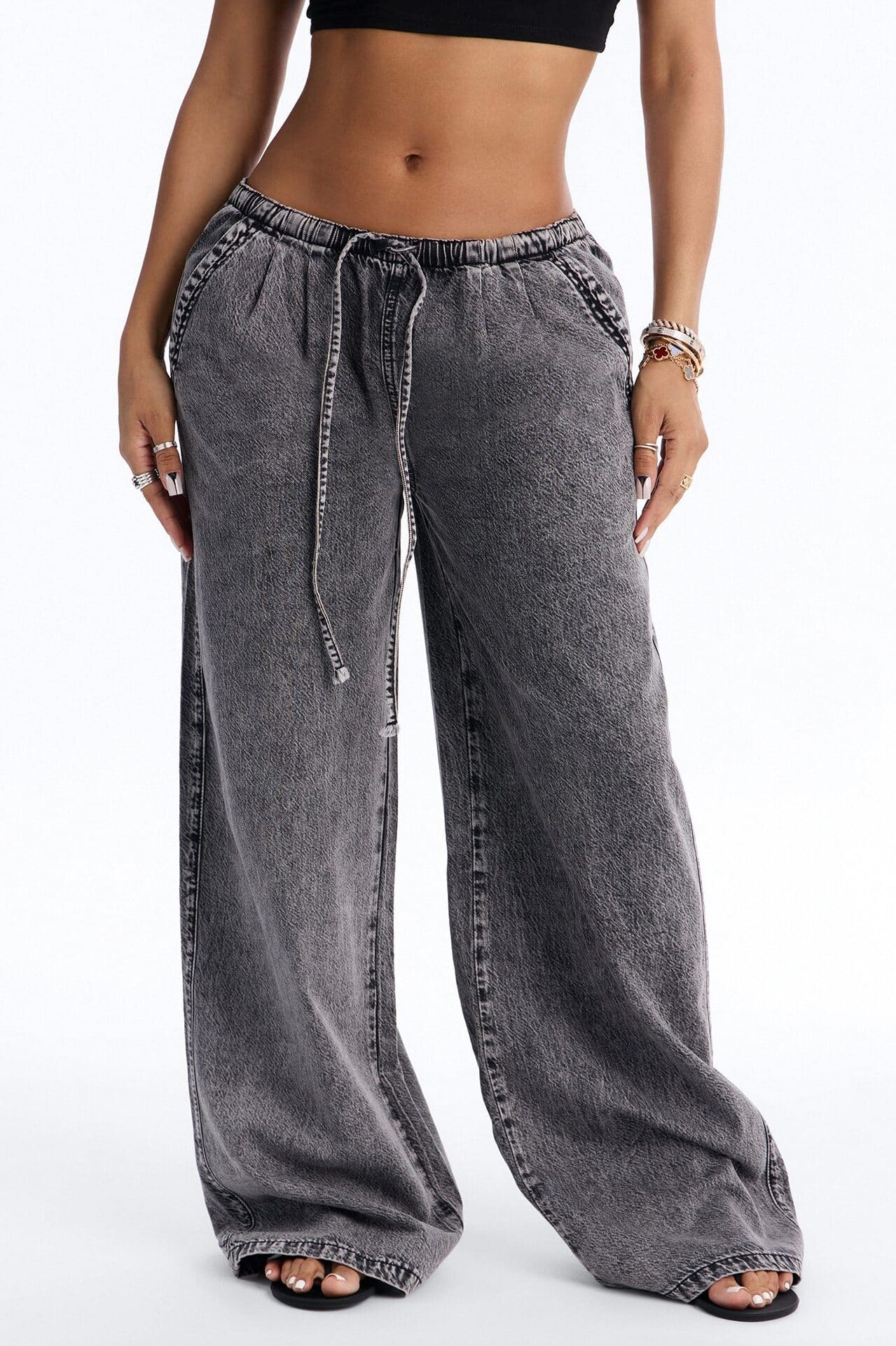 Baeside Tie Waist Wide Leg Jeans - Black Wash alternate