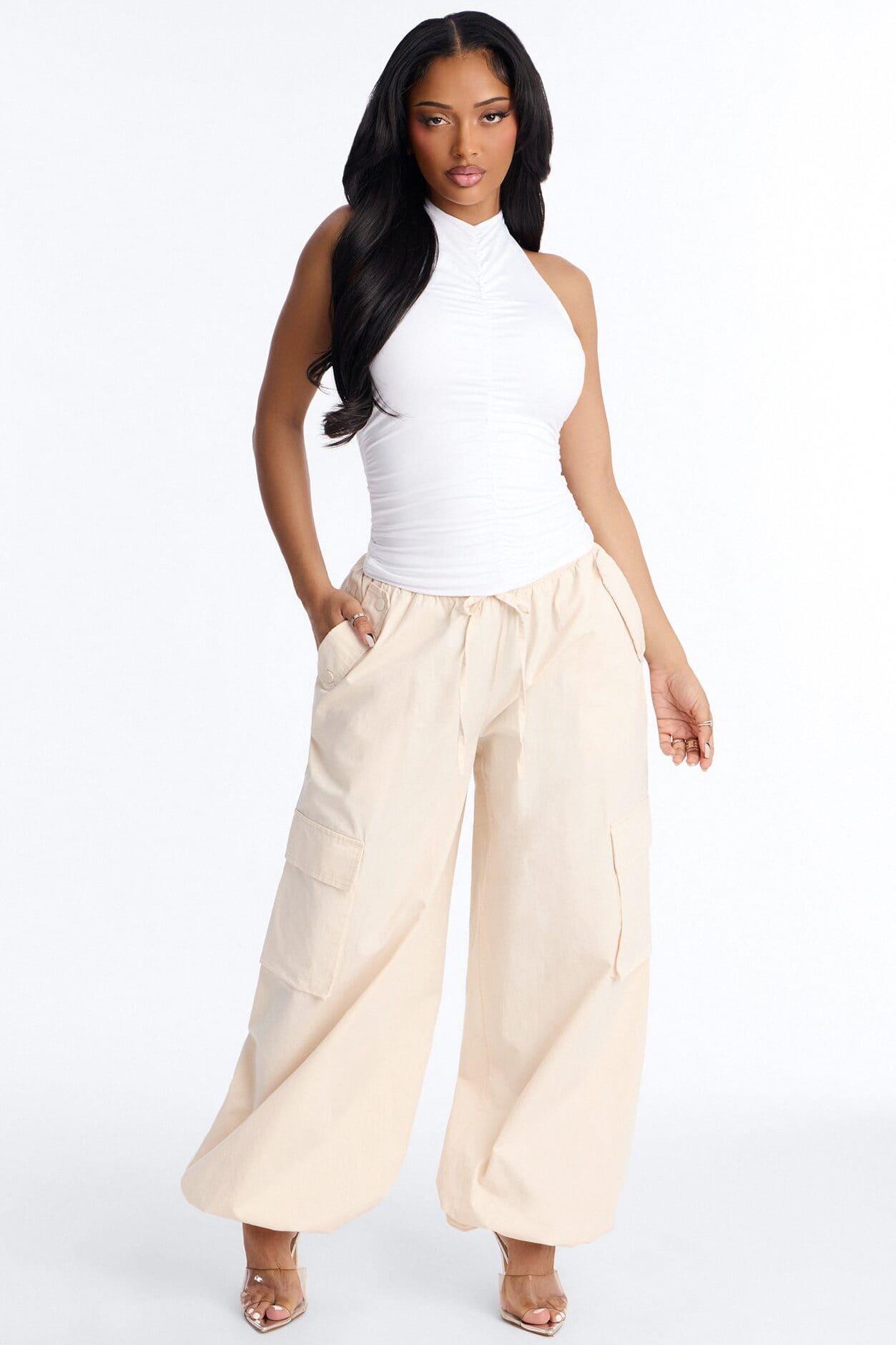 Contour Double Lined Ruched Backless Halter Top - White alternate