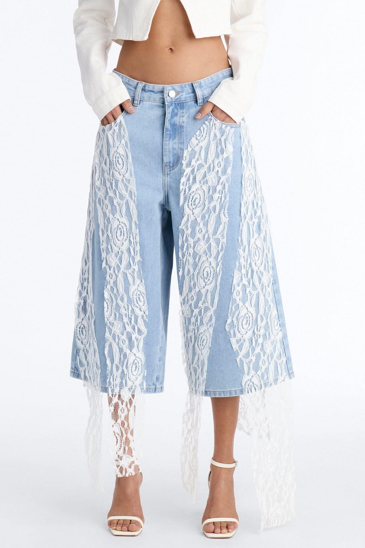 Delicate Dreams Lace Trim Culotte Jeans - Light Wash alternate