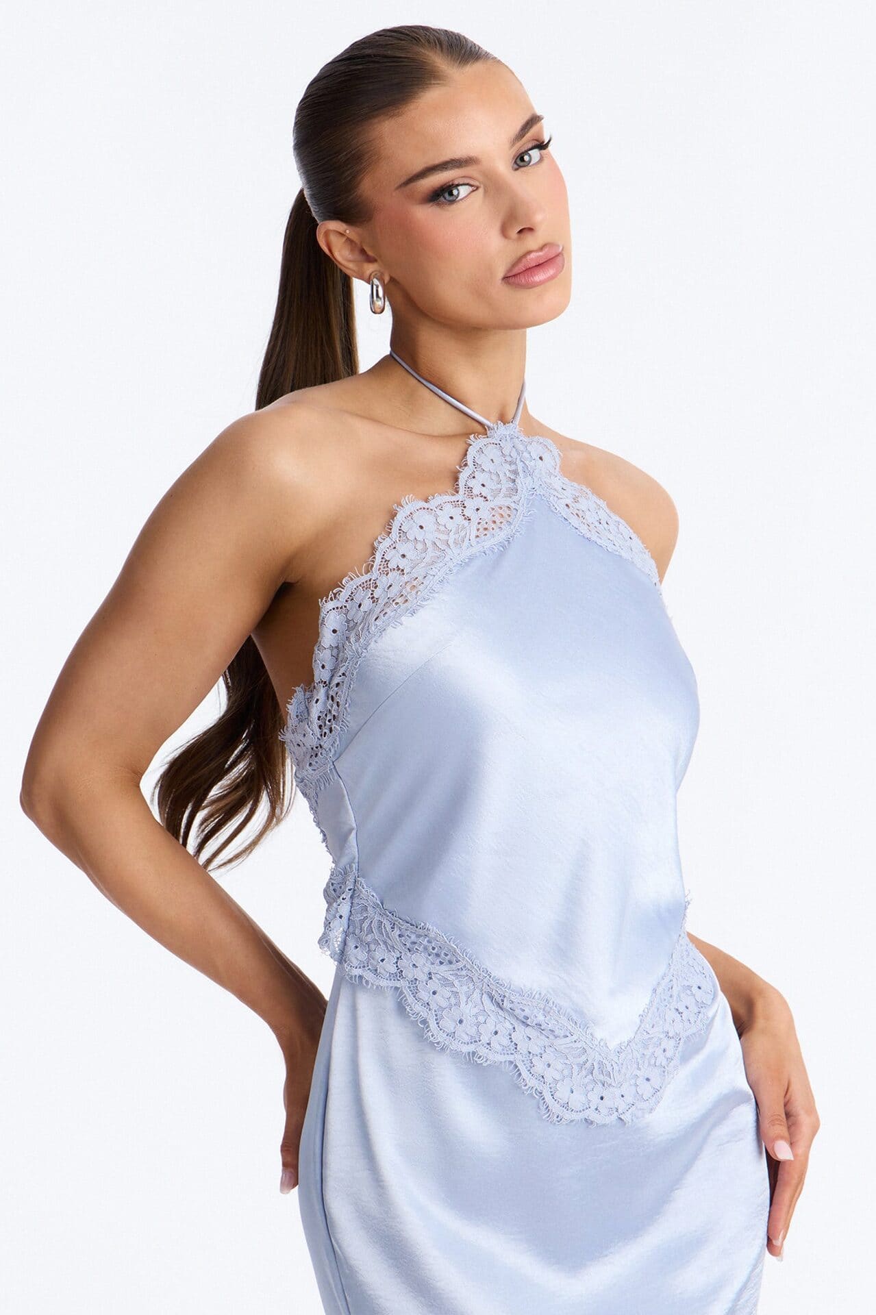 Karina Lace Trim Satin Gown - Blue alternate