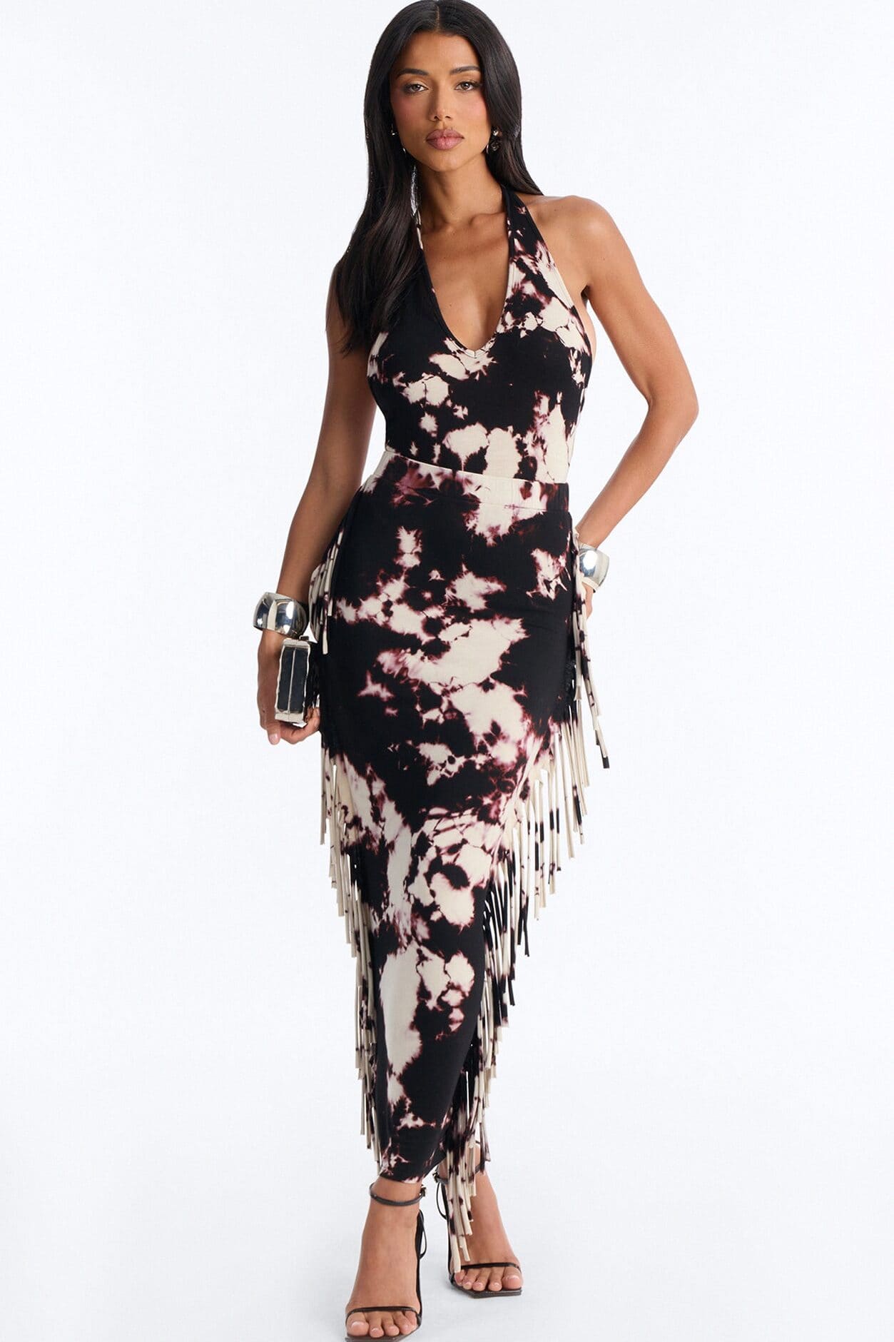 Morelia Fringe Bodysuit Maxi Skirt Set - Black