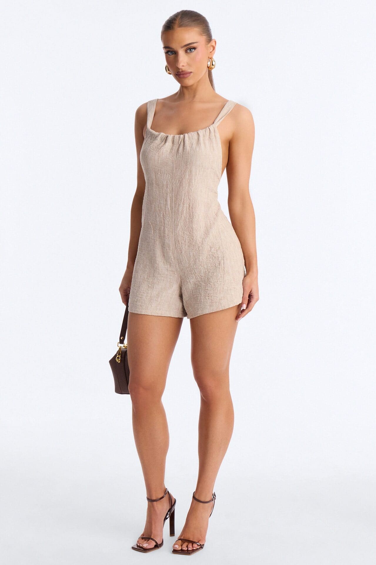 Jeanie Flowy Linen Romper - Tan alternate
