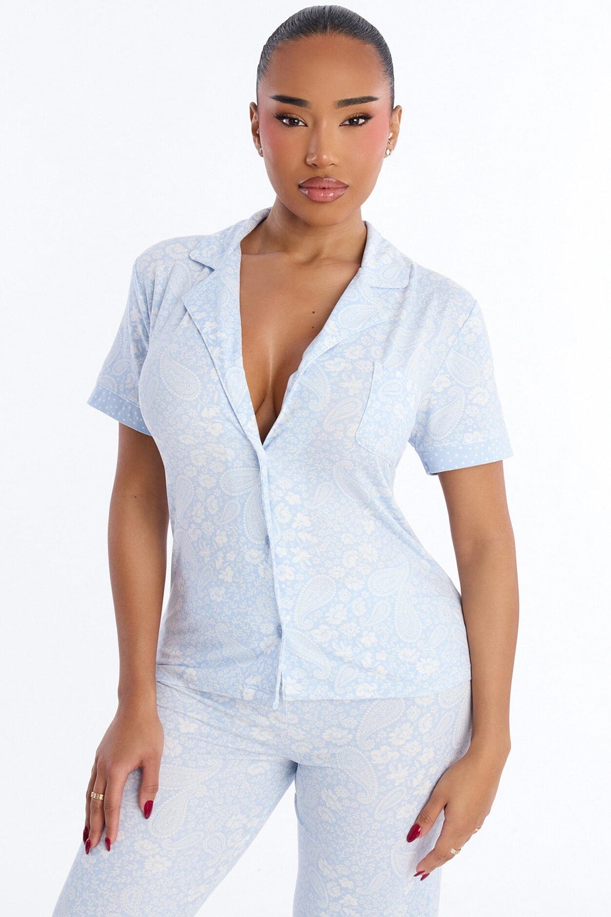 Ditsy Paisley Notch Collar PJ Pant Set - Ice Blue alternate
