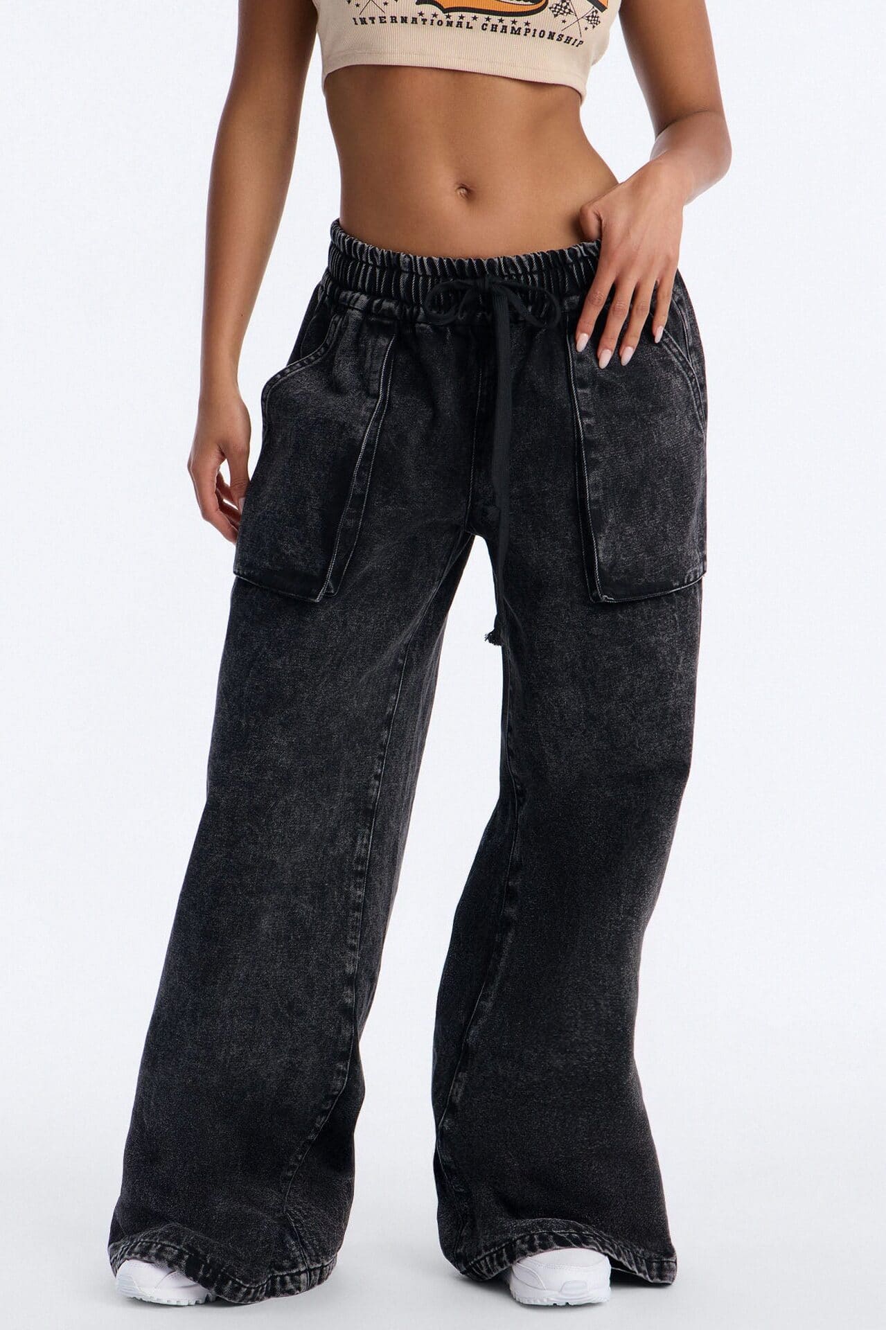 Do Not Disturb Pull On Wide Leg Jeans - Black Wash alternate