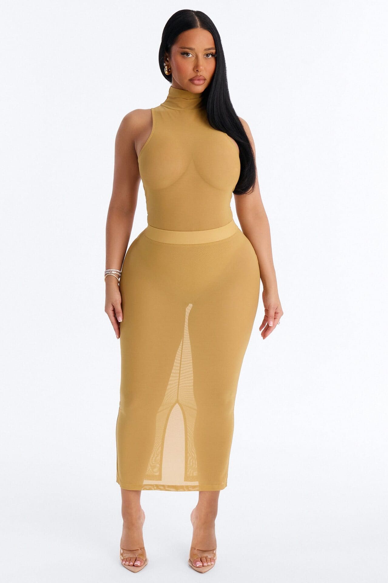 Power Mesh Turtle Neck Sleeveless Bodysuit - Honey alternate