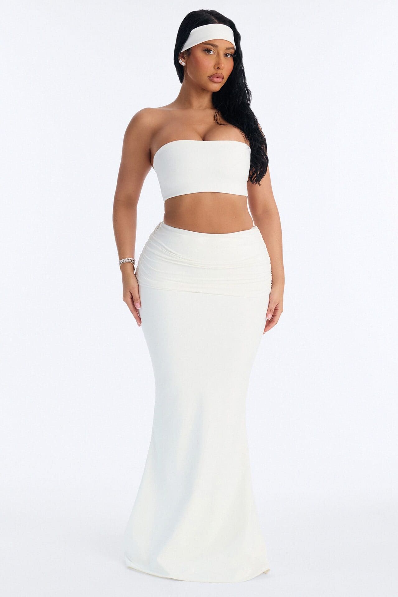 Bianca Matte Form Double Lined Fold Over Maxi Skirt Set - White