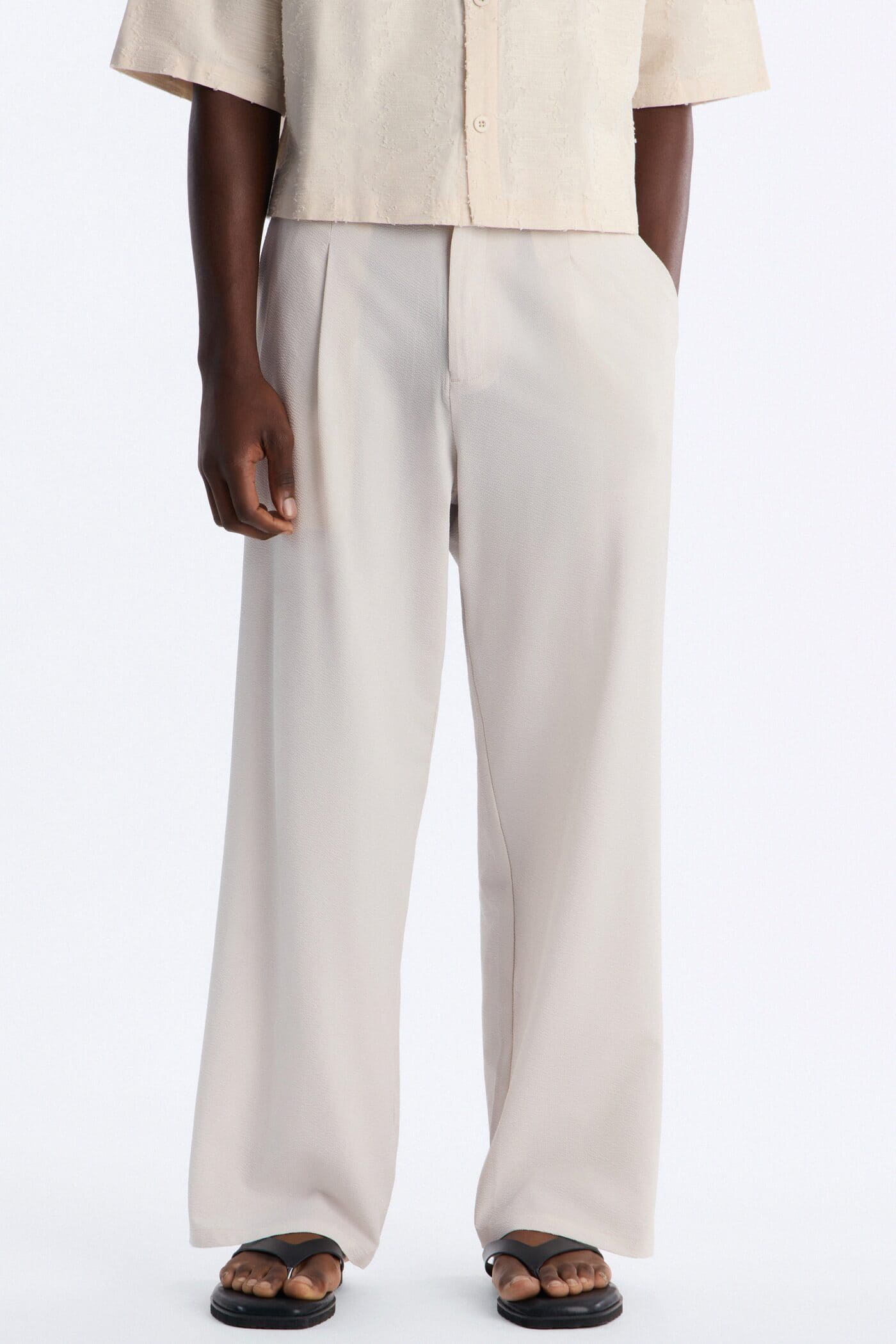 Wide Leg Textured Seersucker Trouser - Tan