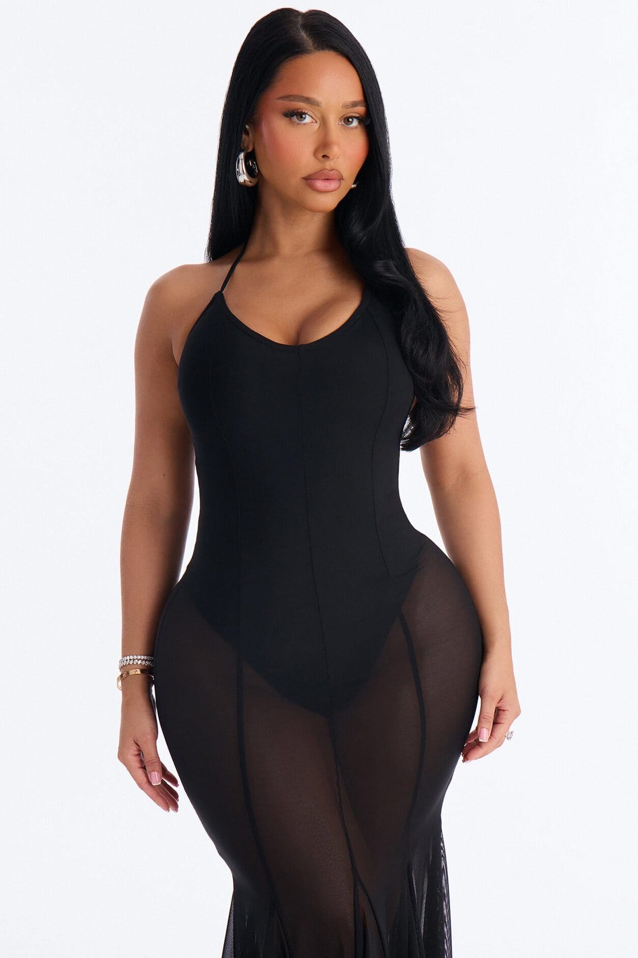 Power Mesh V Neck Halter Maxi Dress - Black alternate