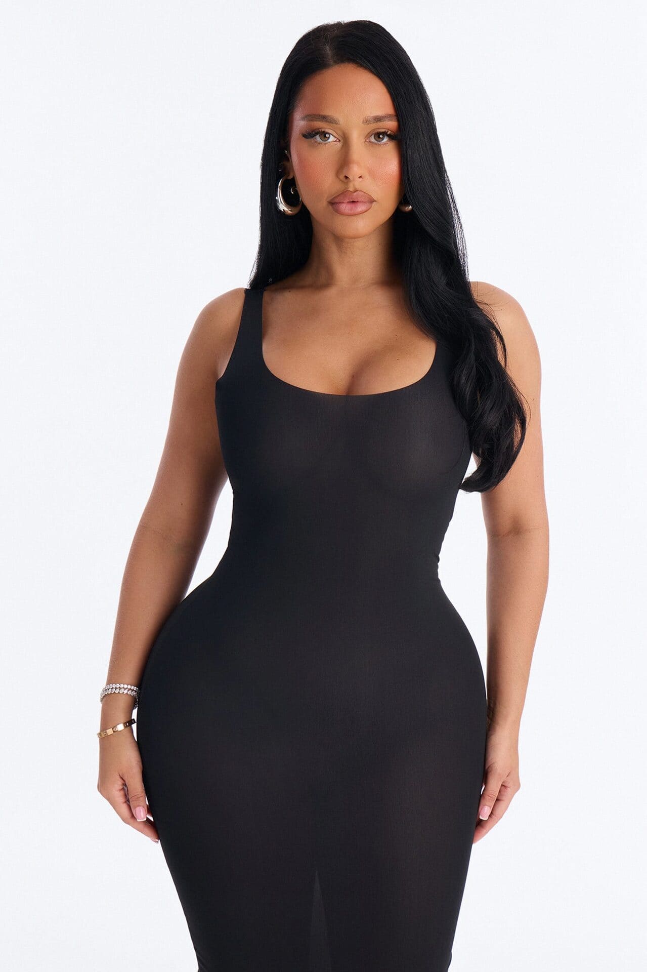 Power Mesh Low Scoop Back Sleeveless Maxi Dress - Black alternate