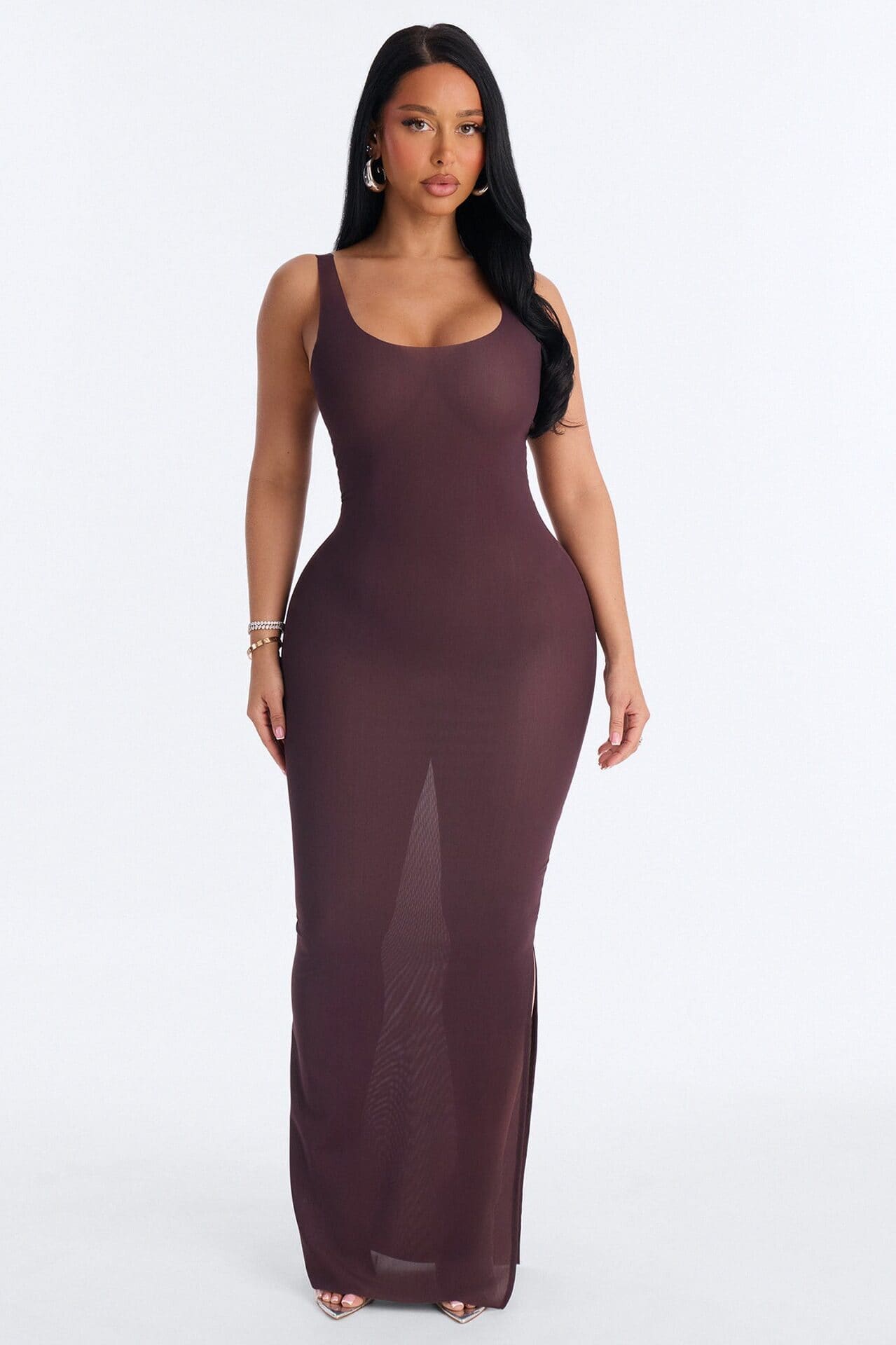 Power Mesh Low Scoop Back Sleeveless Maxi Dress - Chocolate