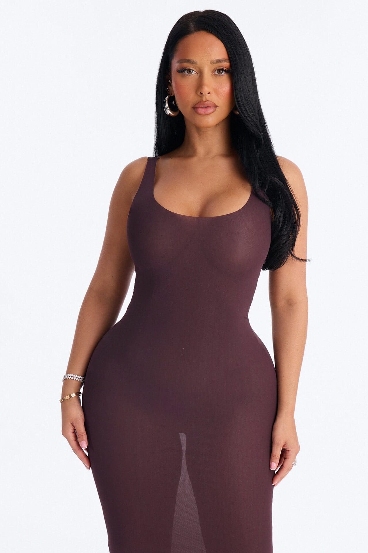 Power Mesh Low Scoop Back Sleeveless Maxi Dress - Chocolate alternate
