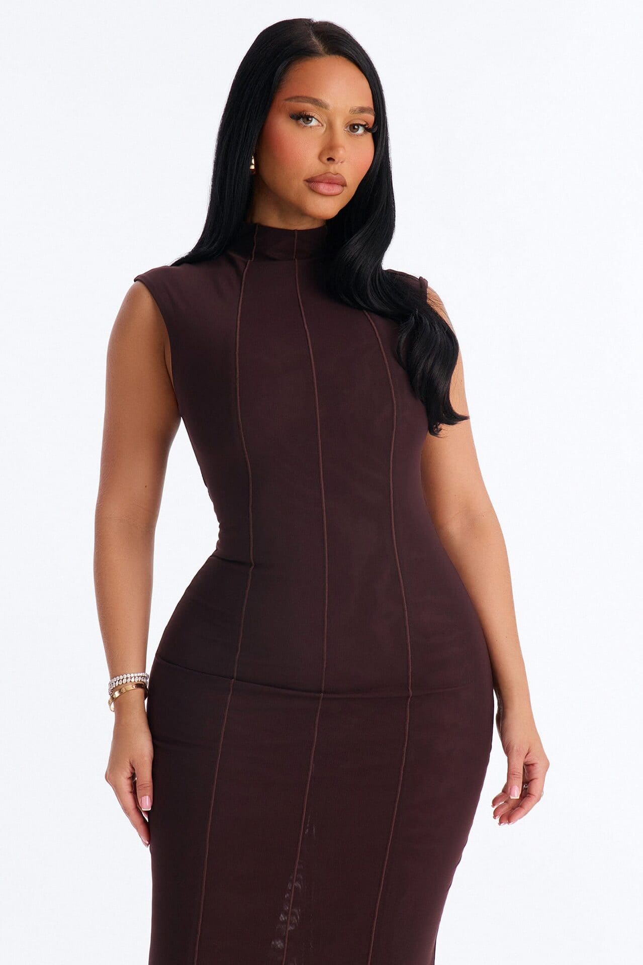 Power Mesh Double Lined Mock Neck Sleeveless Maxi Dress - Chocolate alternate