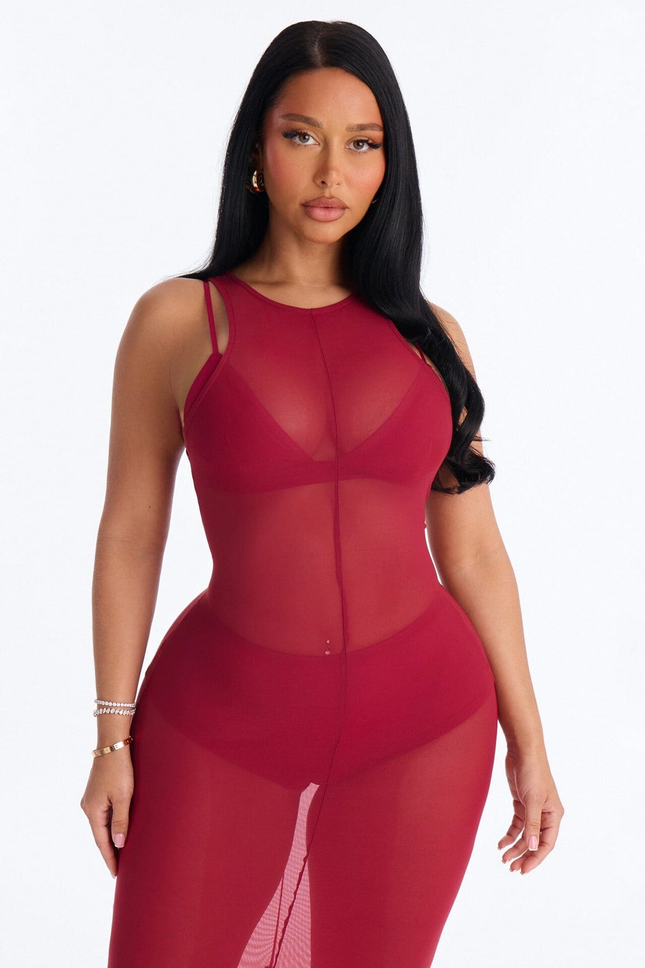 Power Mesh Sleeveless 3 Piece Maxi Dress Set - DarkRed alternate