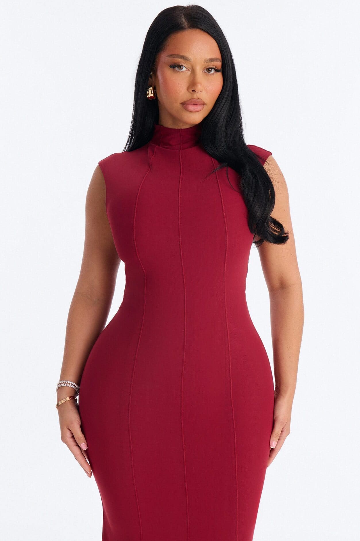 Power Mesh Double Lined Mock Neck Sleeveless Maxi Dress - DarkRed alternate