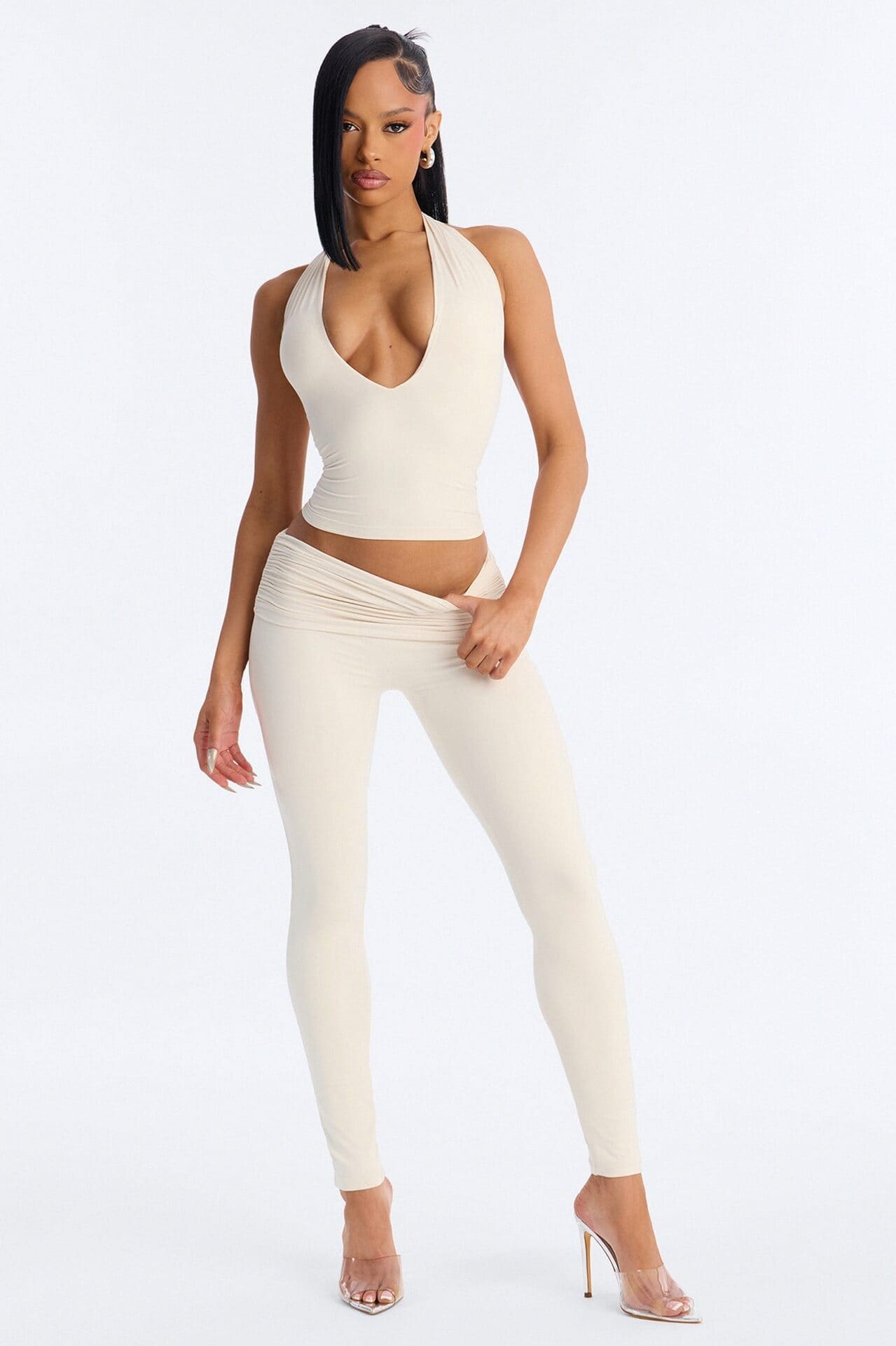 Second Skin Double Lined Deep V-Neck Halter Top - Bone alternate