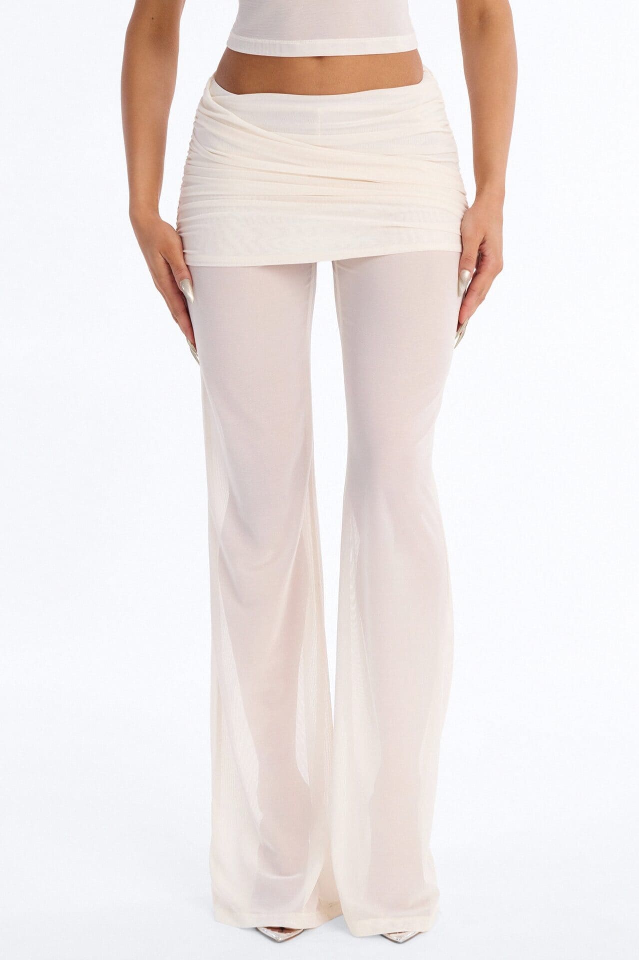 Power Mesh Foldover Ruched Flare Pant - Bone alternate