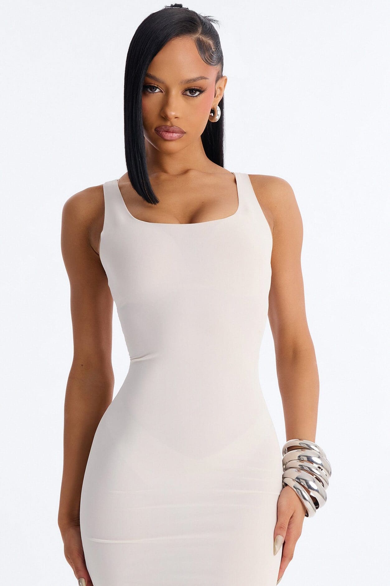Power Mesh Low Scoop Back Sleeveless Maxi Dress - Bone alternate