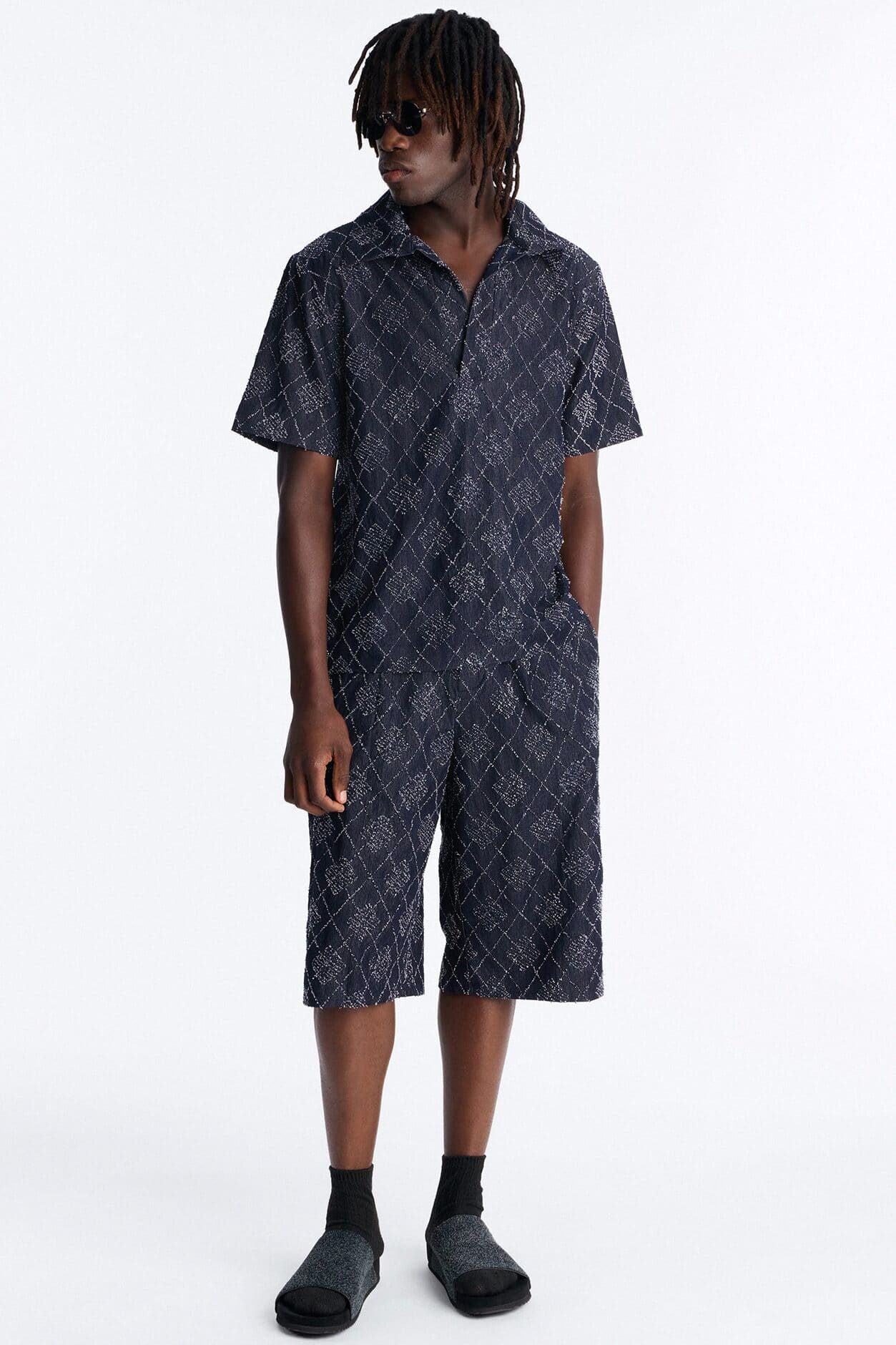 Baggy Diamond Frayed Jacquard Long Short - Navy alternate