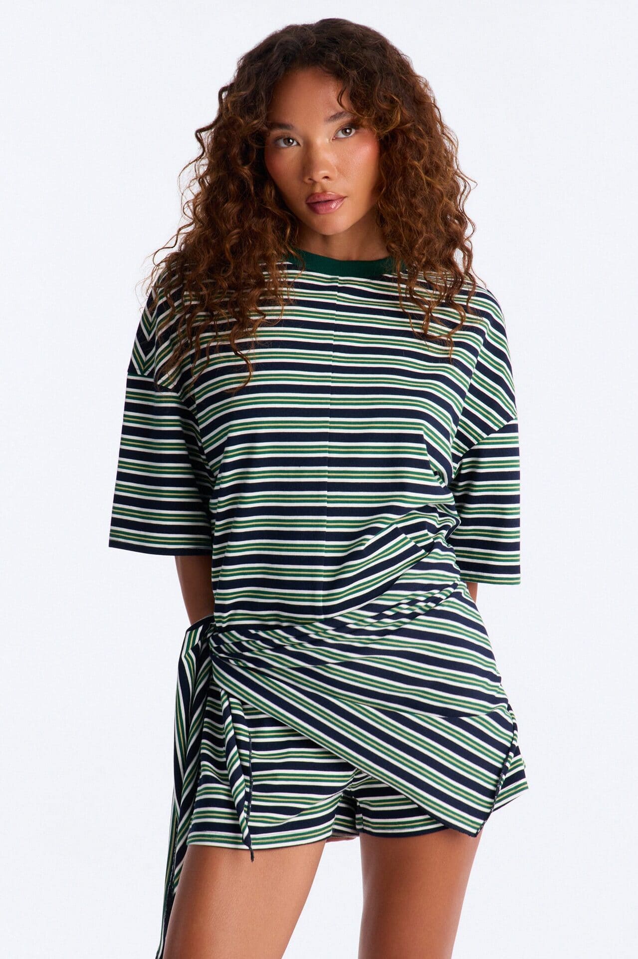 Halle Striped Waist Scarf Romper - Green alternate