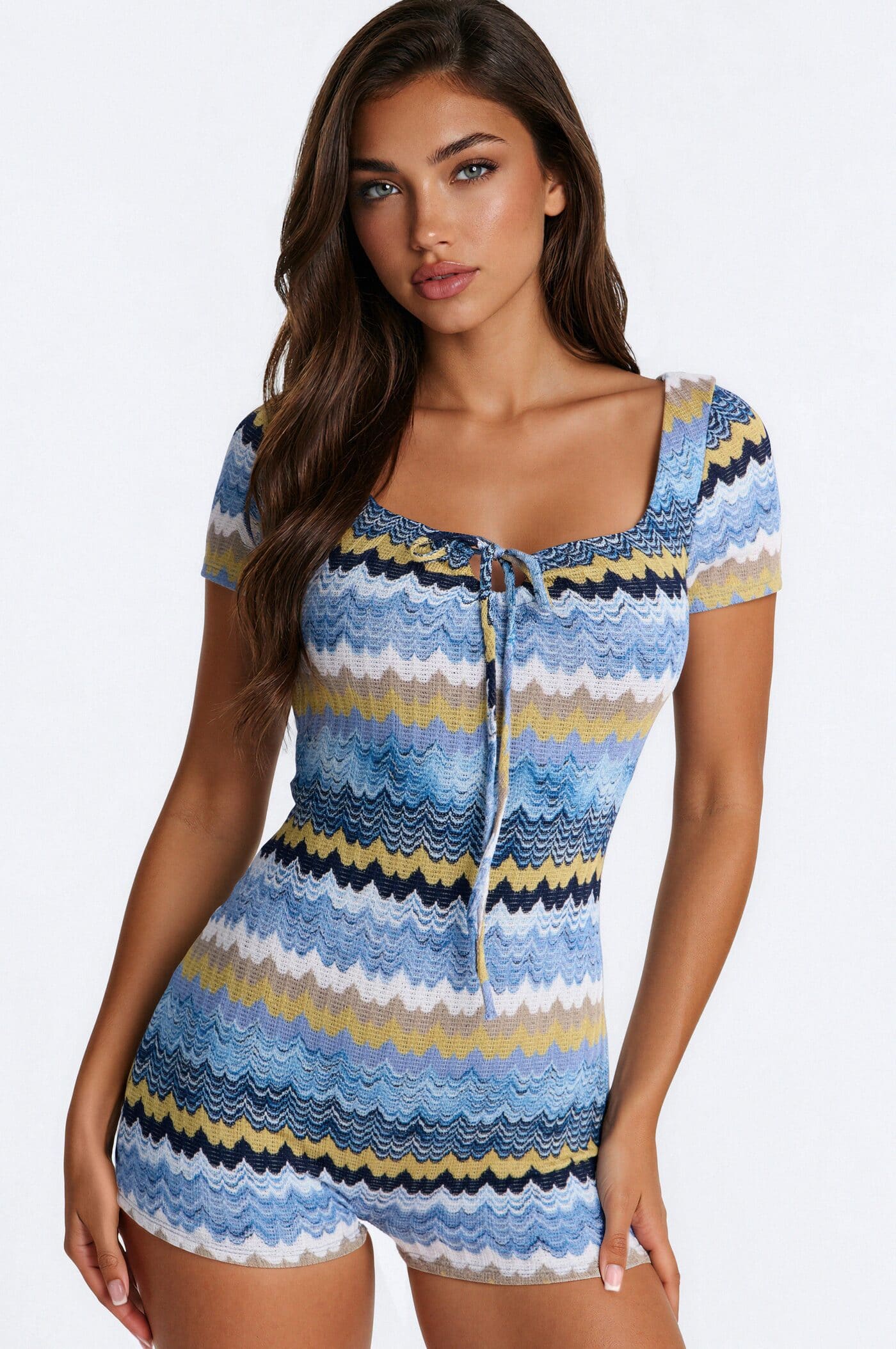 Malibu Waves Short Sleeve Knit Romper - Blue alternate