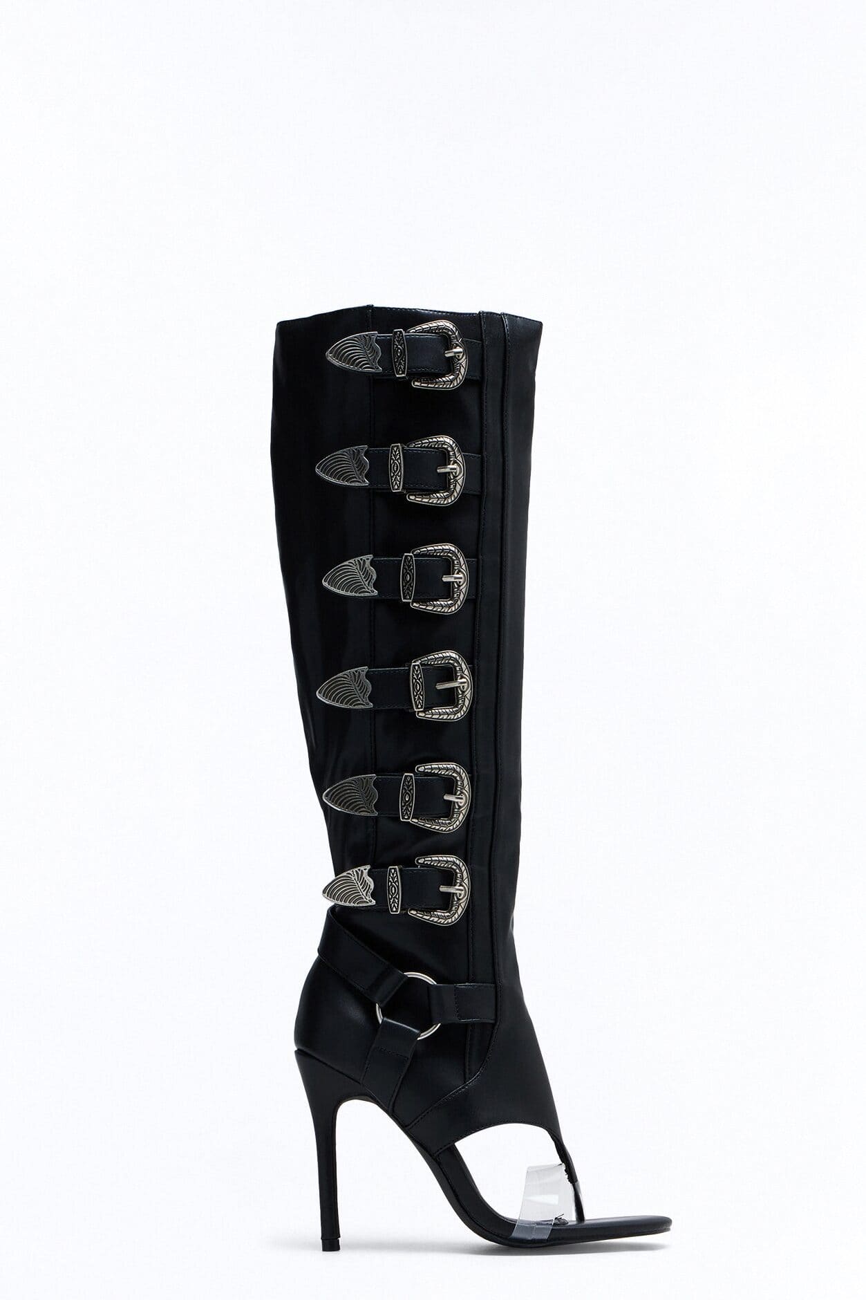 Elarah Buckle Knee High Thong Boots - Black