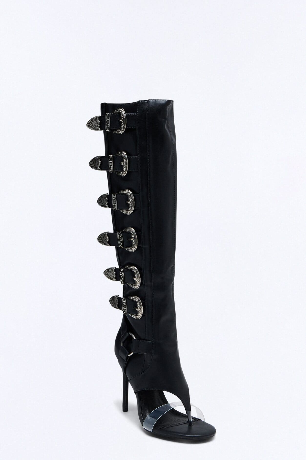 Elarah Buckle Knee High Thong Boots - Black alternate