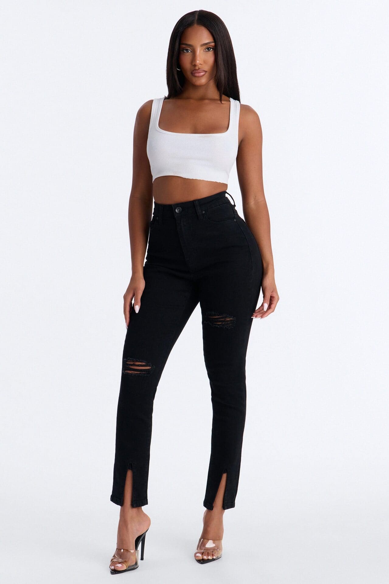 Maybe One Day Ripped Split Hem Skinny Jeans - Black