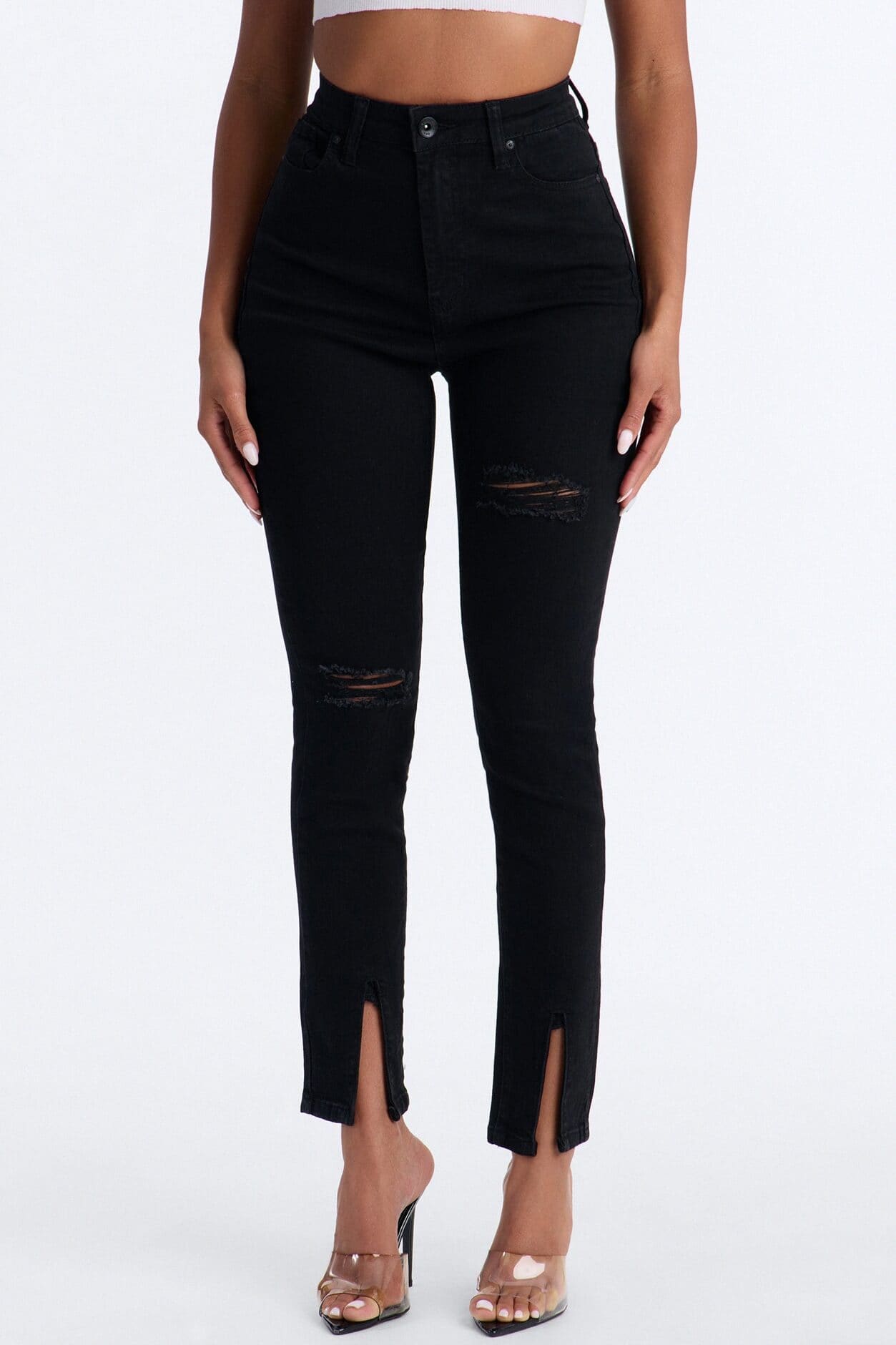 Maybe One Day Ripped Split Hem Skinny Jeans - Black alternate