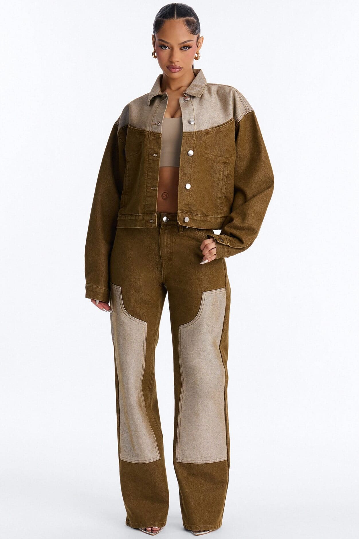 The Cold Shoulder Shiny Denim Jacket - Brown alternate