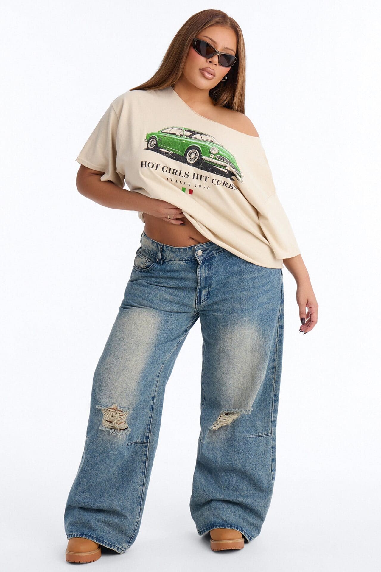 Hot Girls Hit Curbs Off Shoulder Tee - Taupe alternate