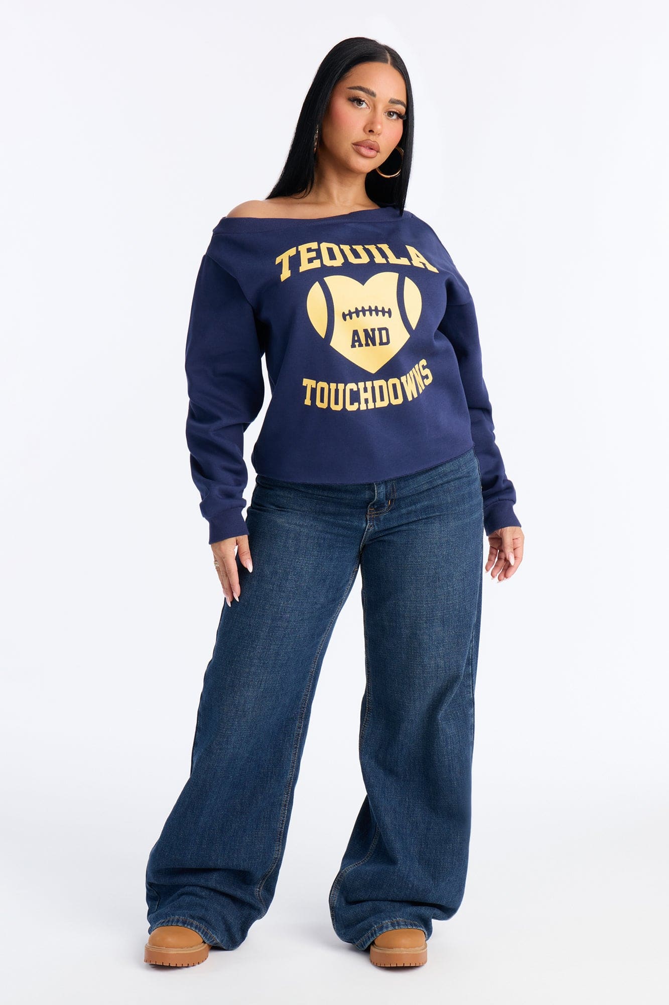 Tequila And Touchdowns Off Shoulder Sweatshirt - Navy alternate