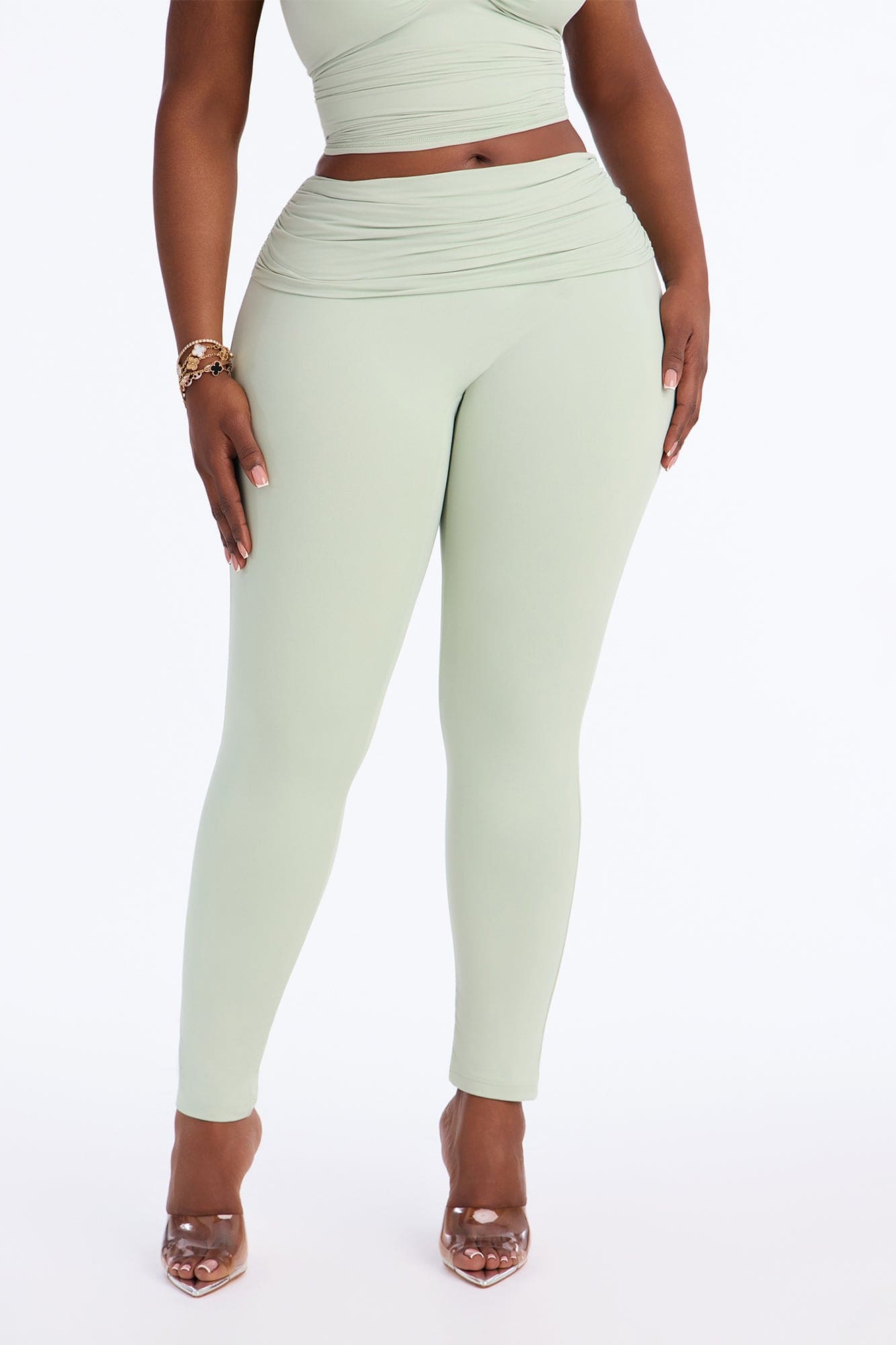 Second Skin Double Lined Ruched Foldover Leggings - Mint alternate