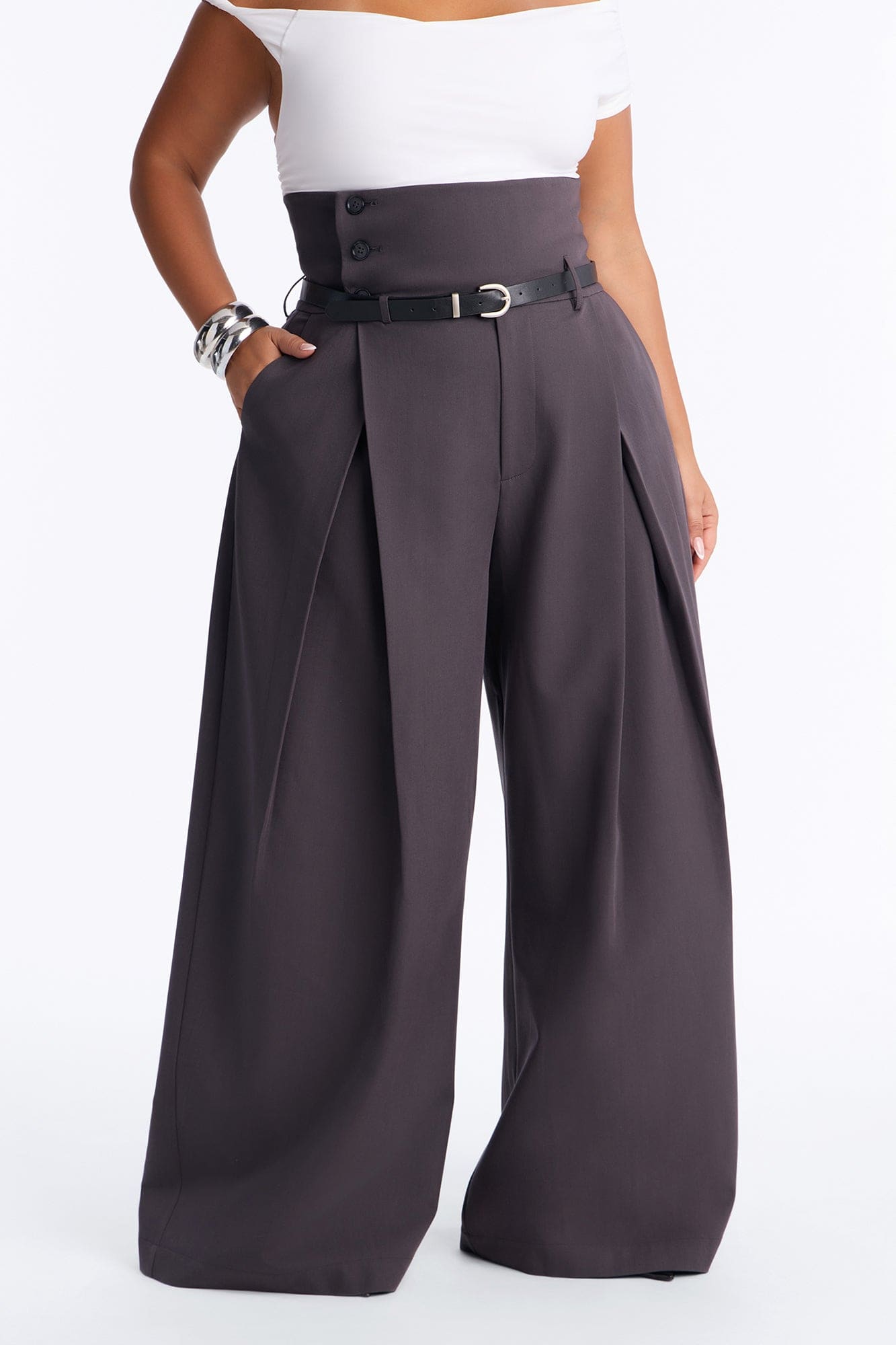 Thalia High Rise Foldover Corset Waist Belted Trouser - Charcoal alternate