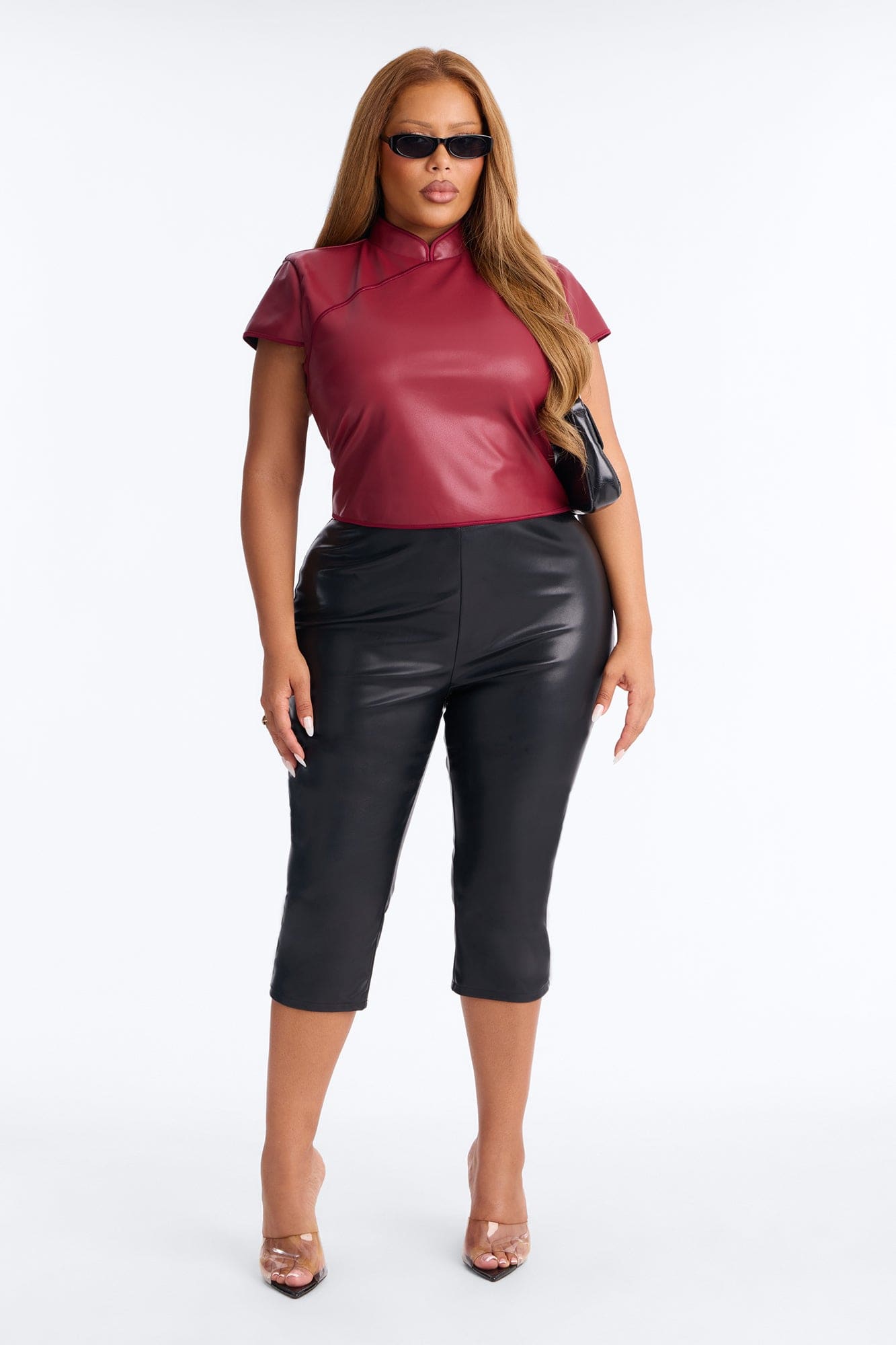 Tanya Faux Leather Mock Neck Top - Burgundy alternate