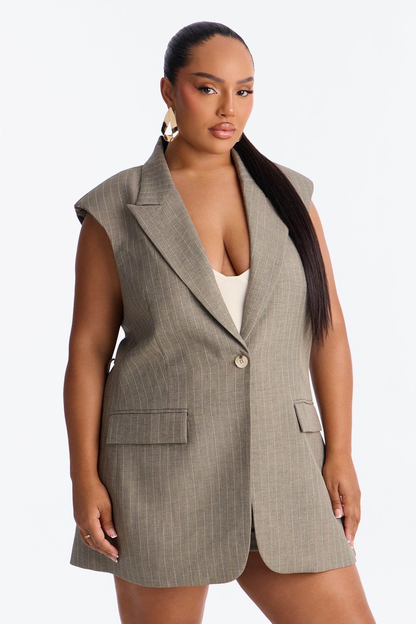 Cameron Pinstripe Vest Short Set - Olive alternate