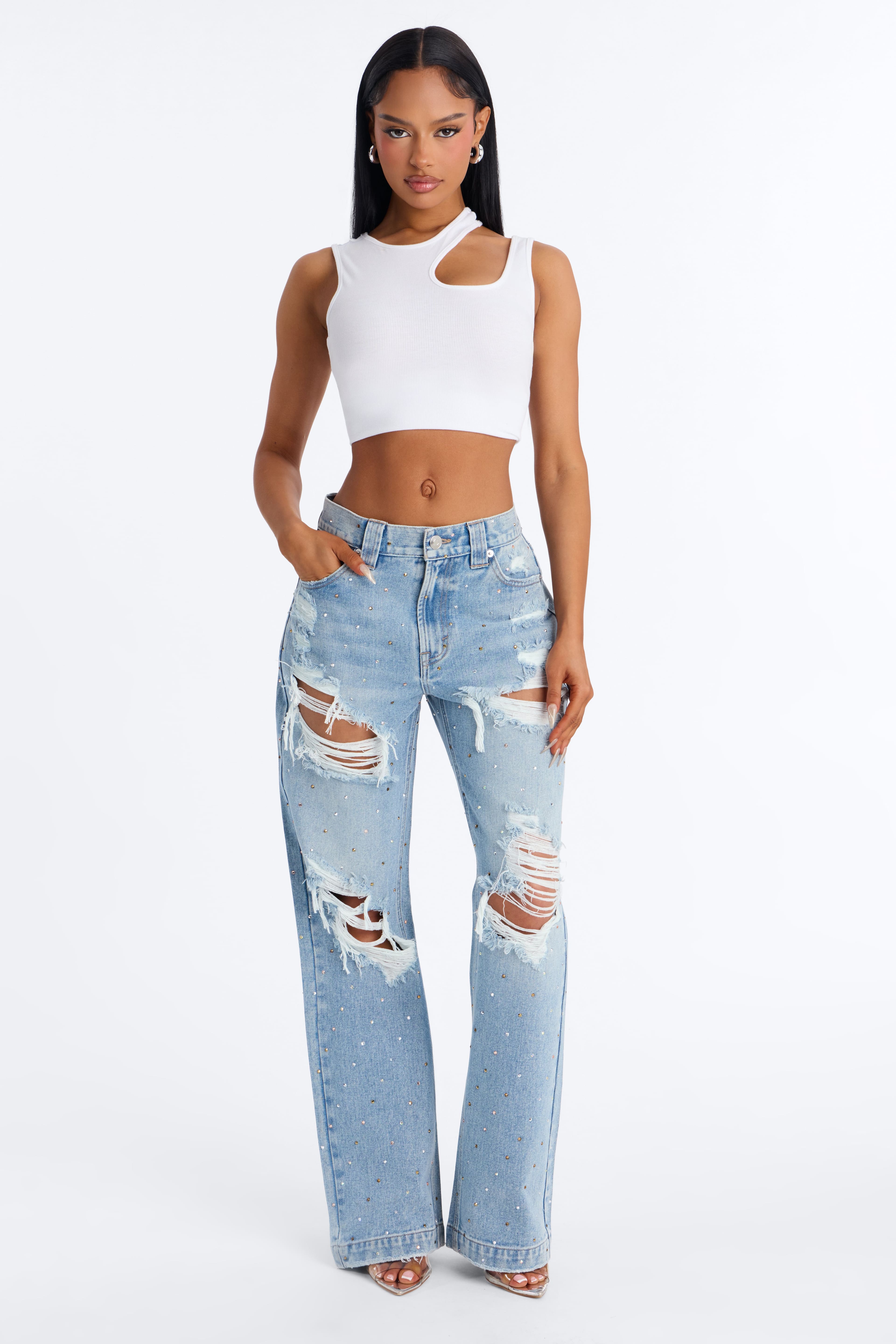 Shining Bright Embellished Ripped Straight Leg Jeans - Medium Wash alternate