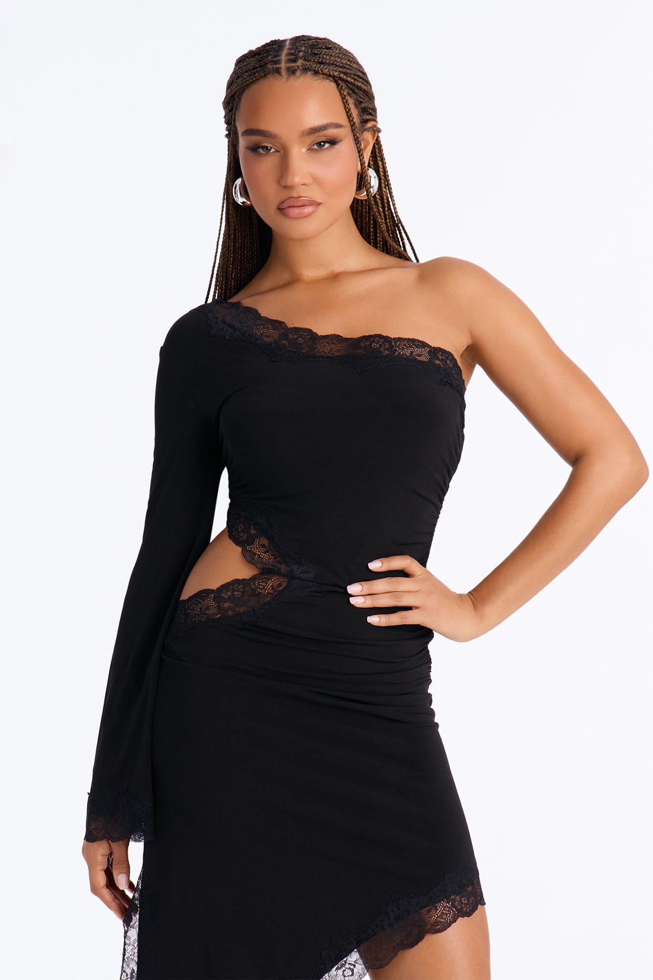 Can't Play Nice Lace Asymmetrical Midi Dress - Black alternate