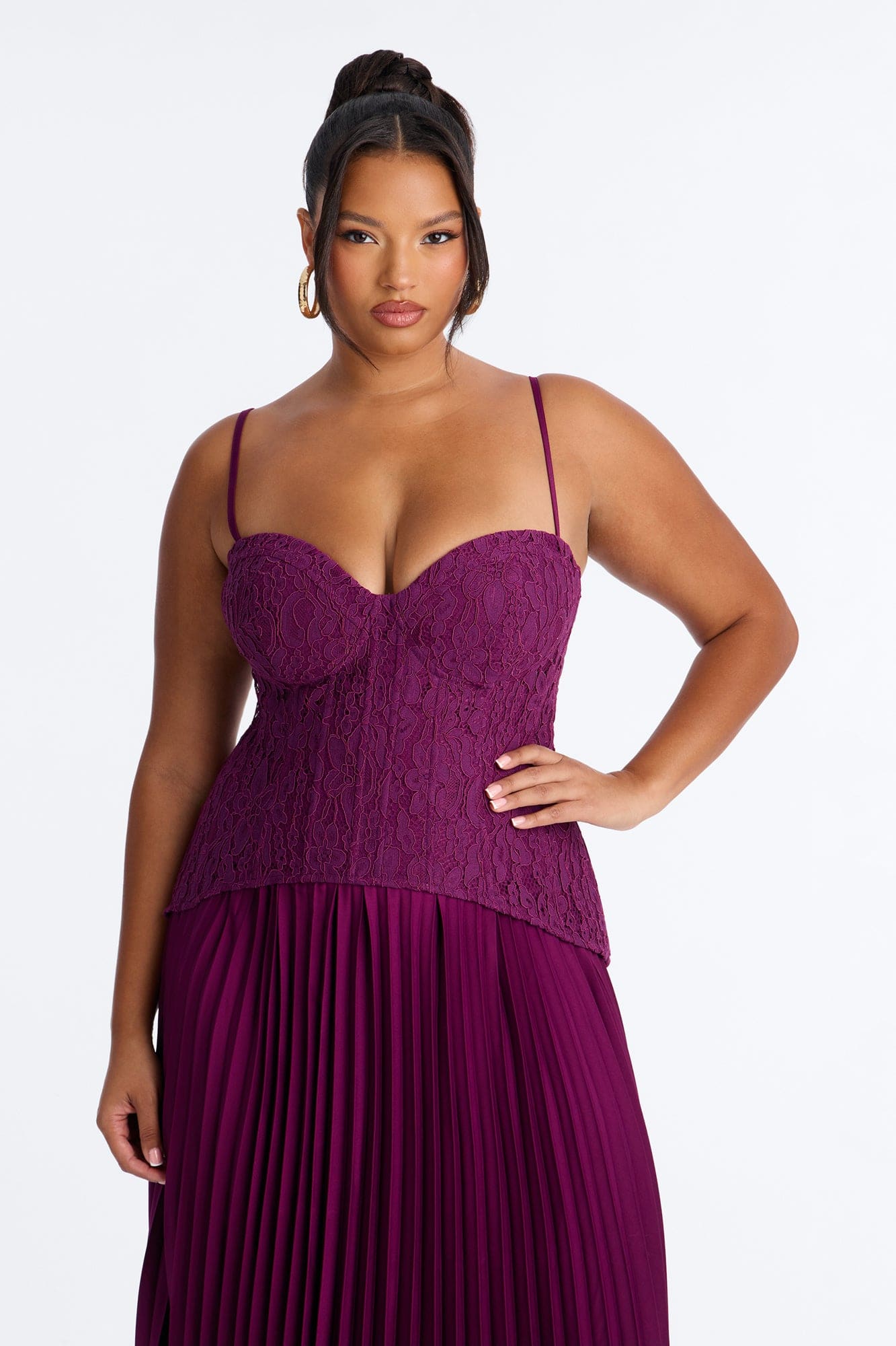 Daniella Lace Corset Pleated Maxi Dress - Wine alternate