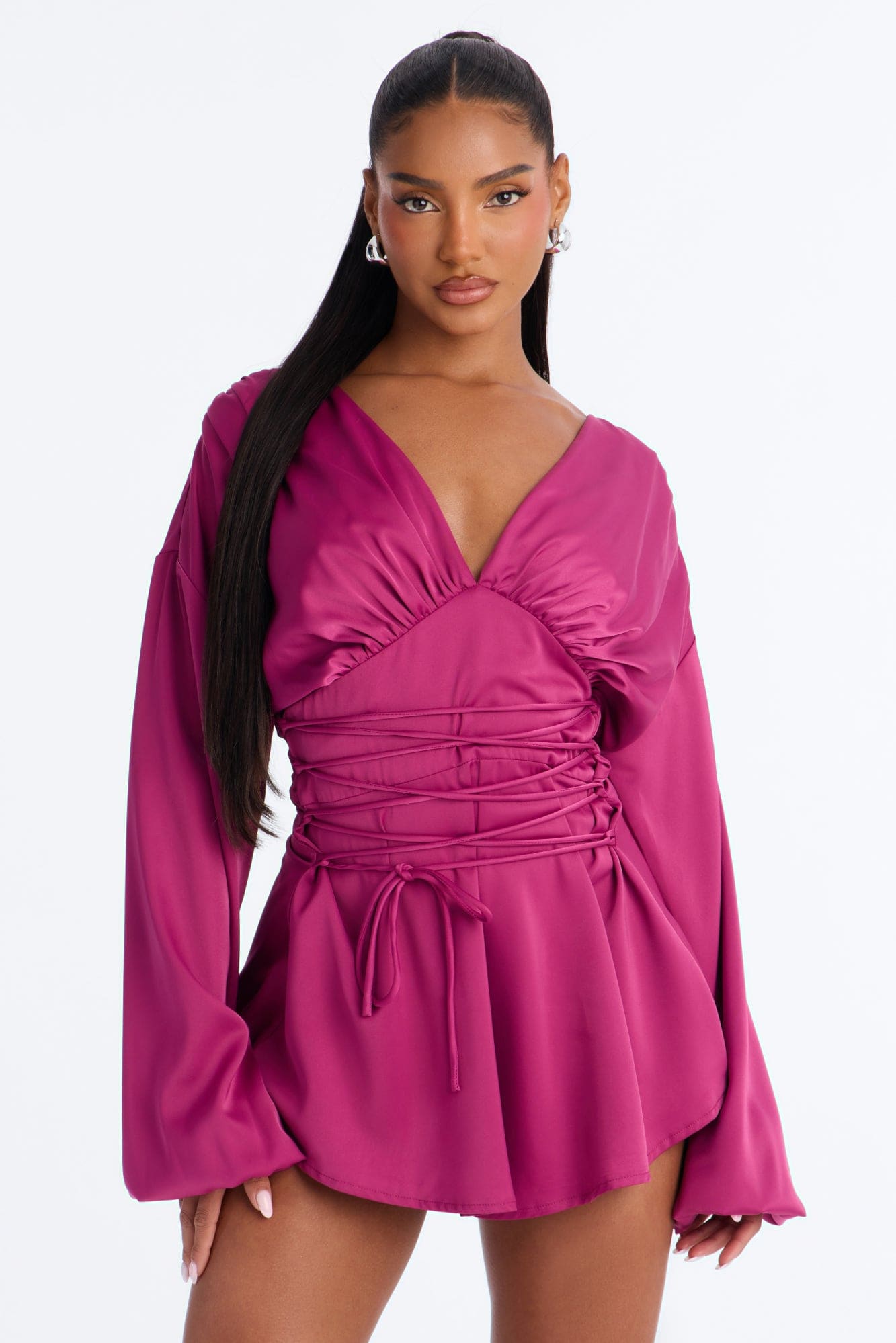 Mila Lace Up Satin Romper - Magenta alternate