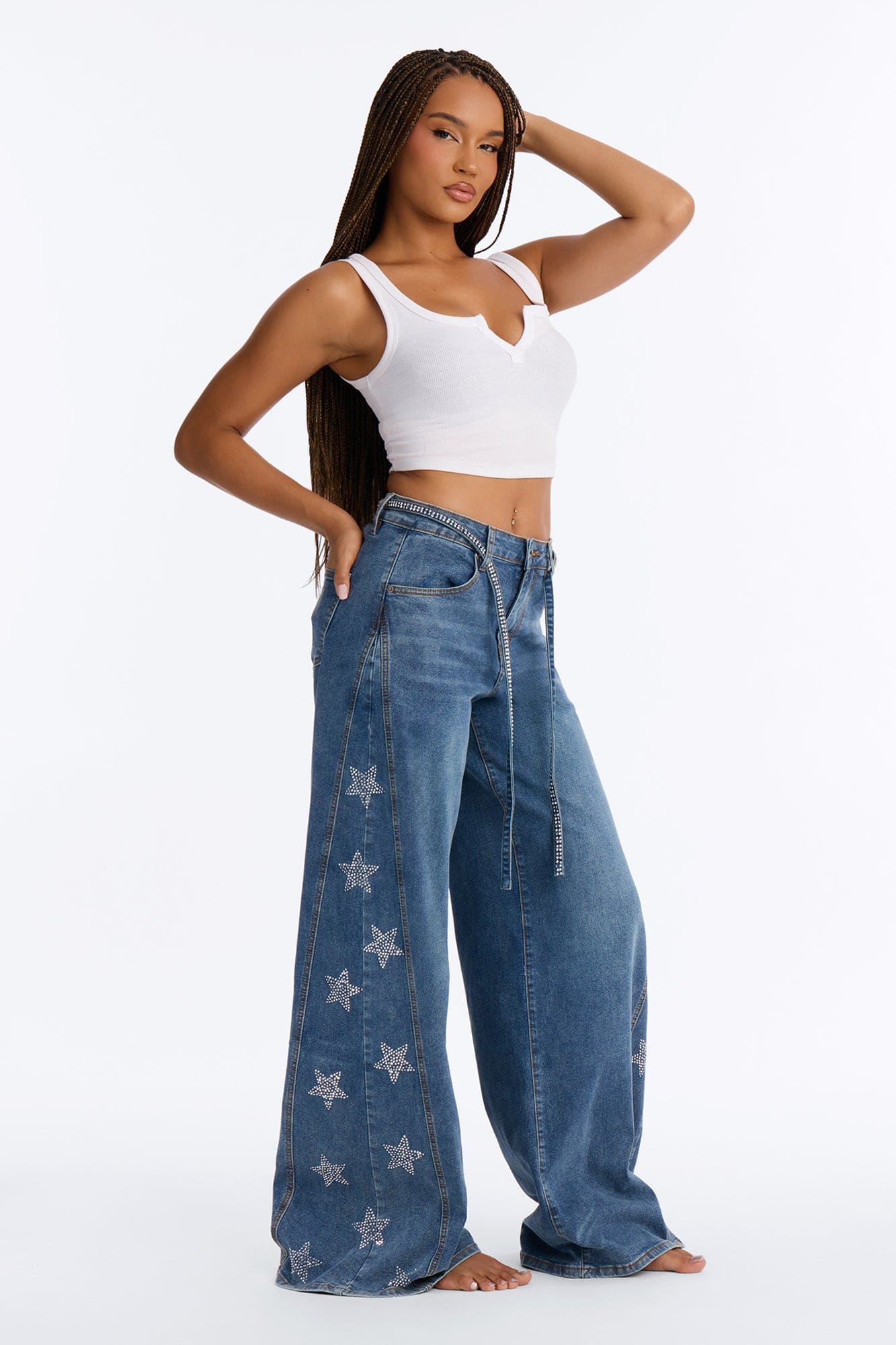 Seeing Stars Embellished Belted Wide Leg Jeans - Medium Wash alternate