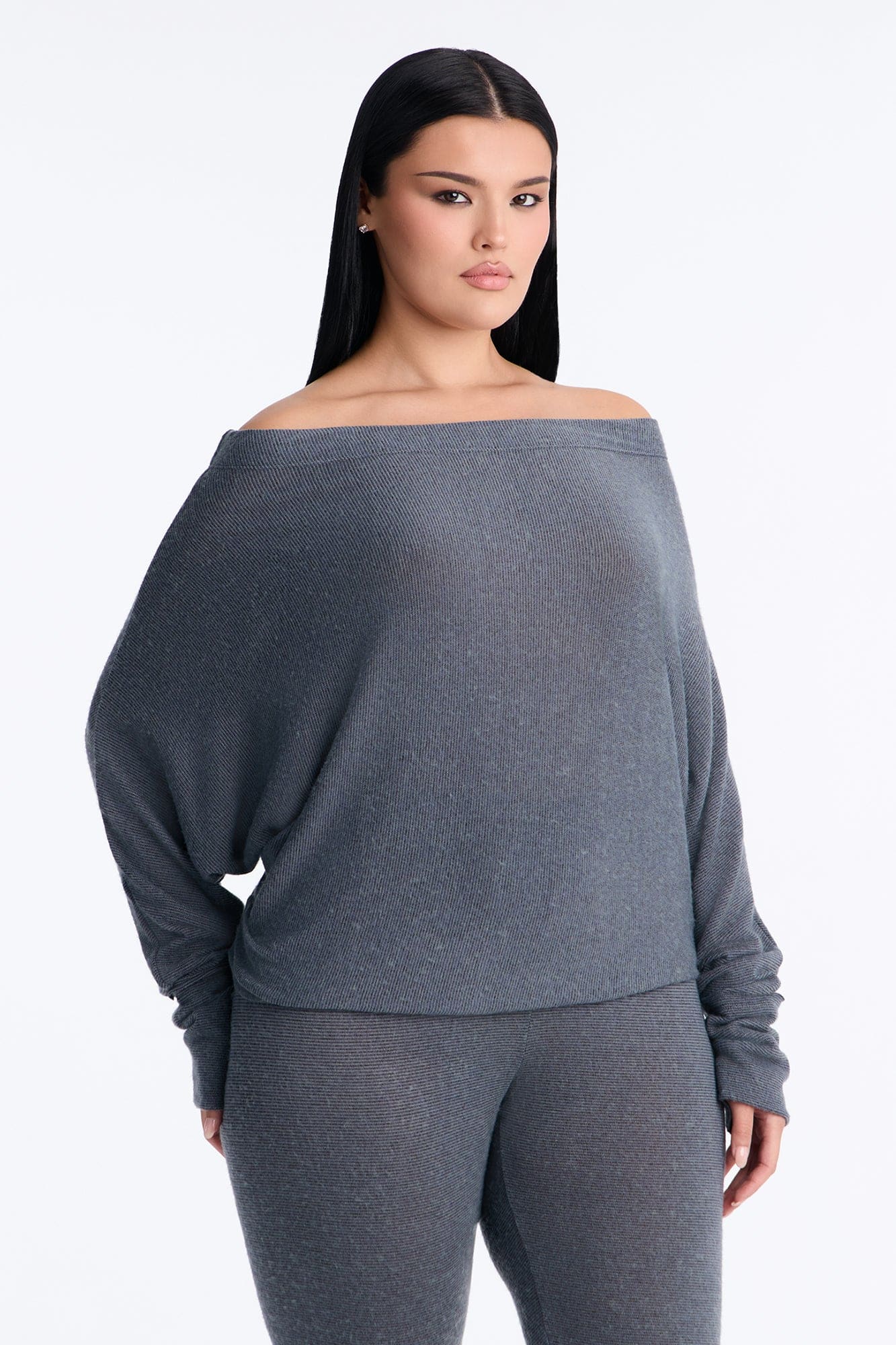 Clara Off Shoulder Hacci Capri Set - Grey alternate