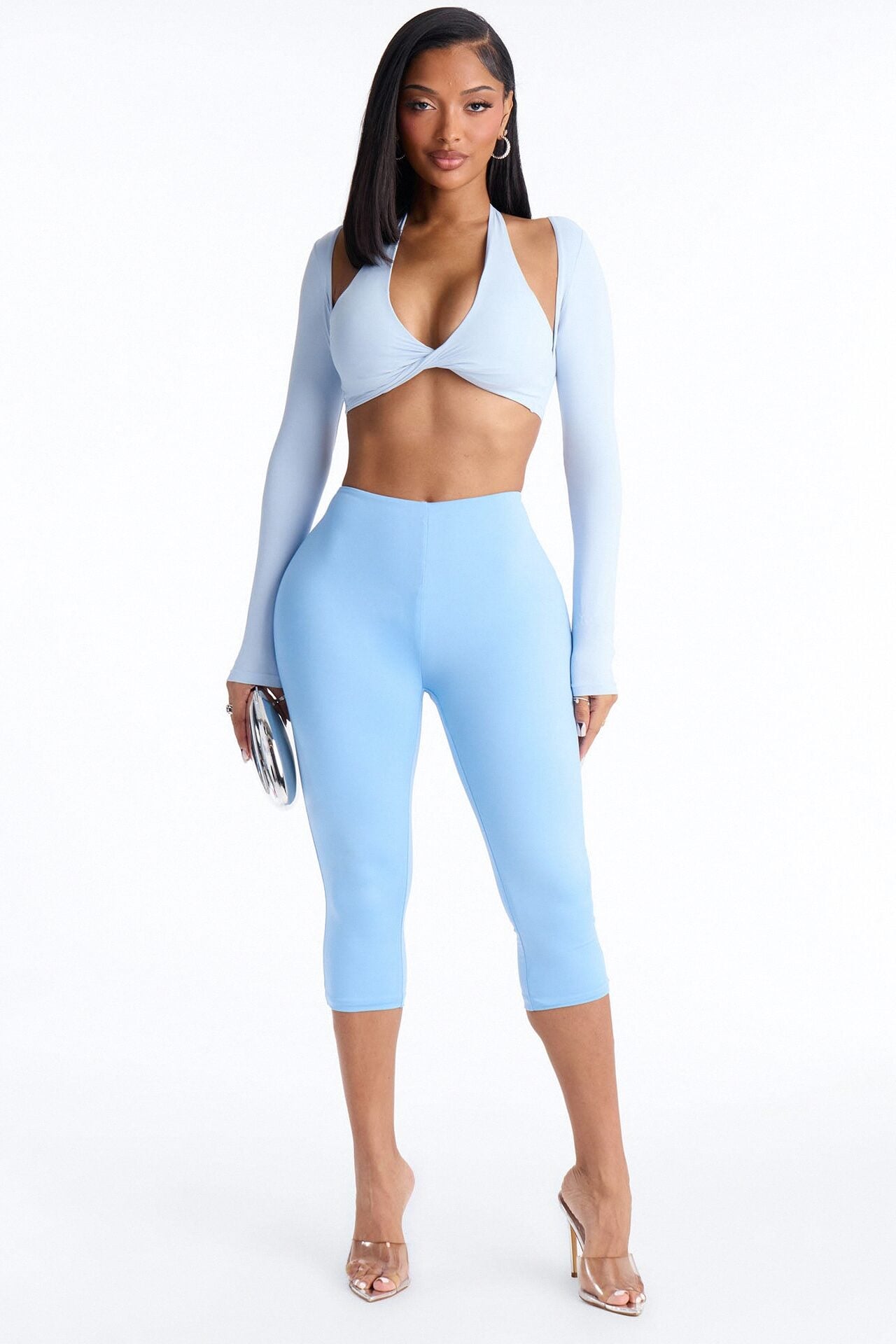 Second Skin Padded Long Sleeve Crop Top - Light Blue image 2