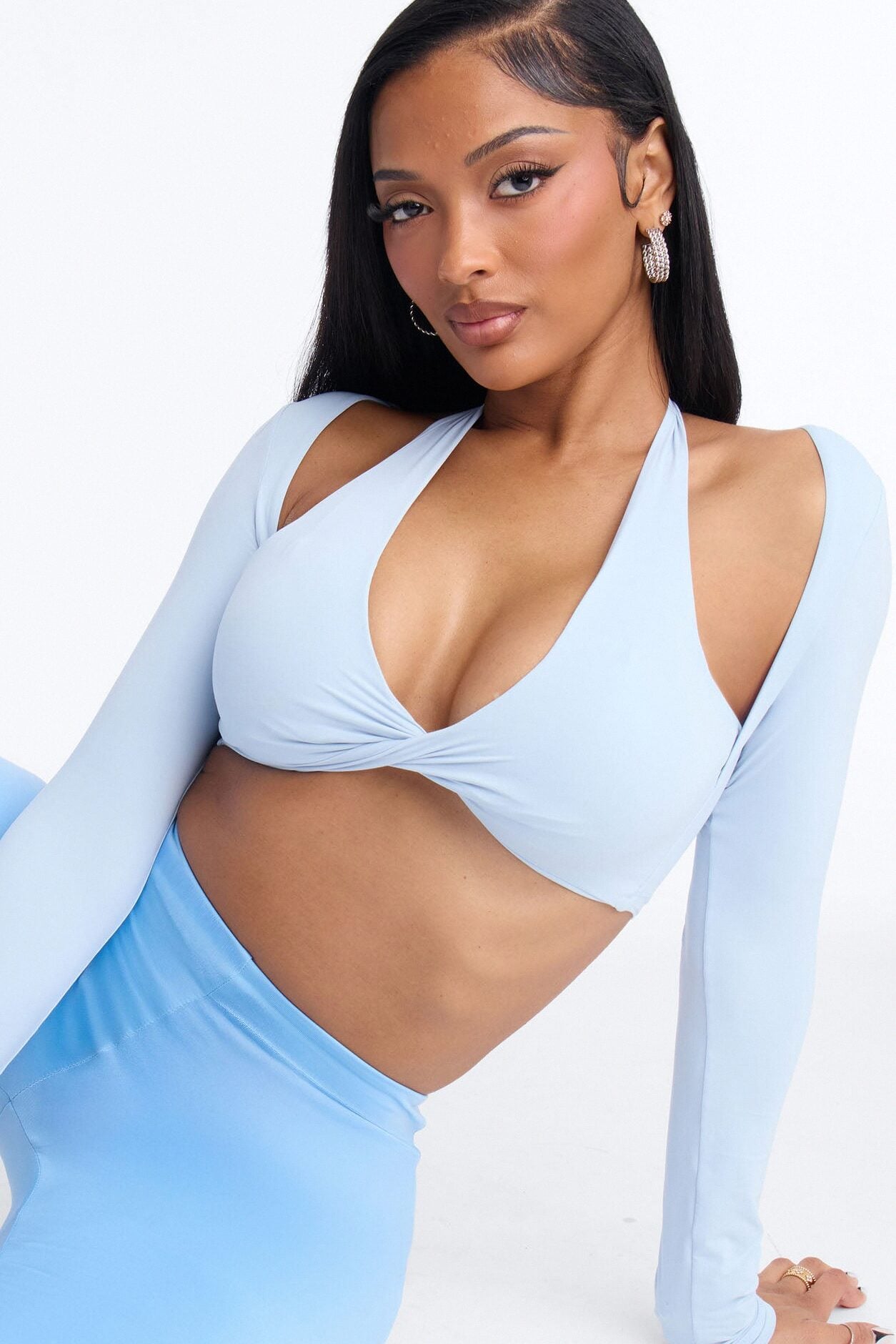 Second Skin Padded Long Sleeve Crop Top - Light Blue image 3