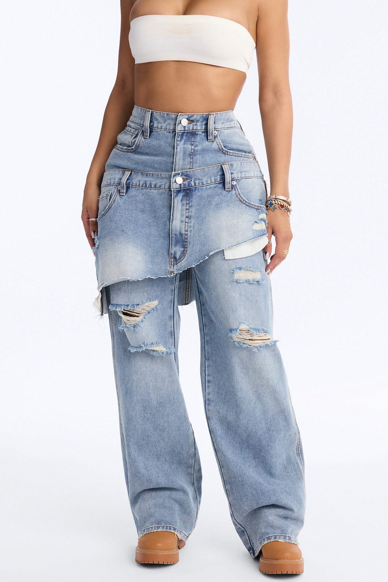 Strike It Up Skirt Overlay Ripped Jeans - Light Wash image 1