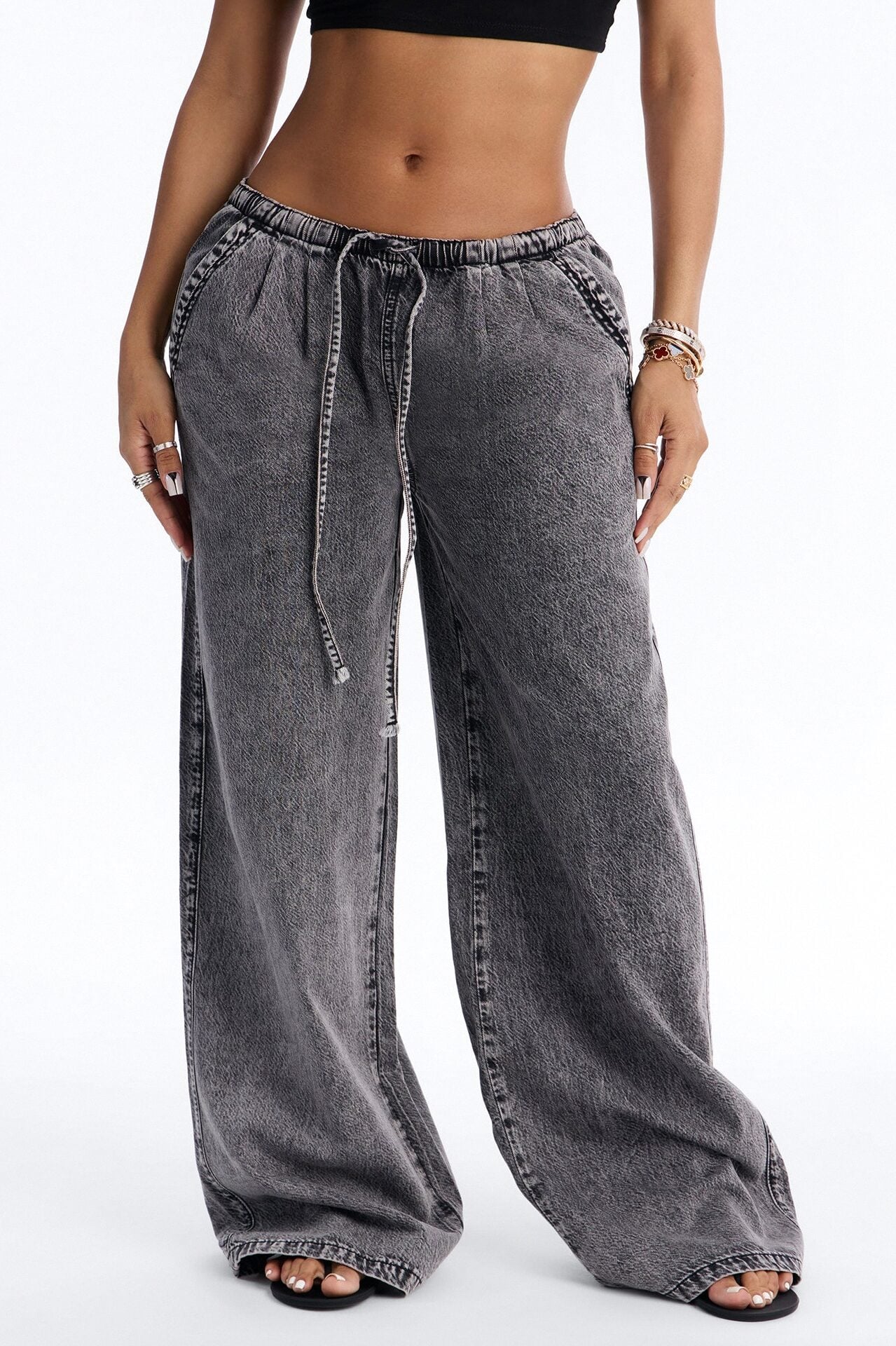 Baeside Tie Waist Wide Leg Jeans - Black Wash image 2