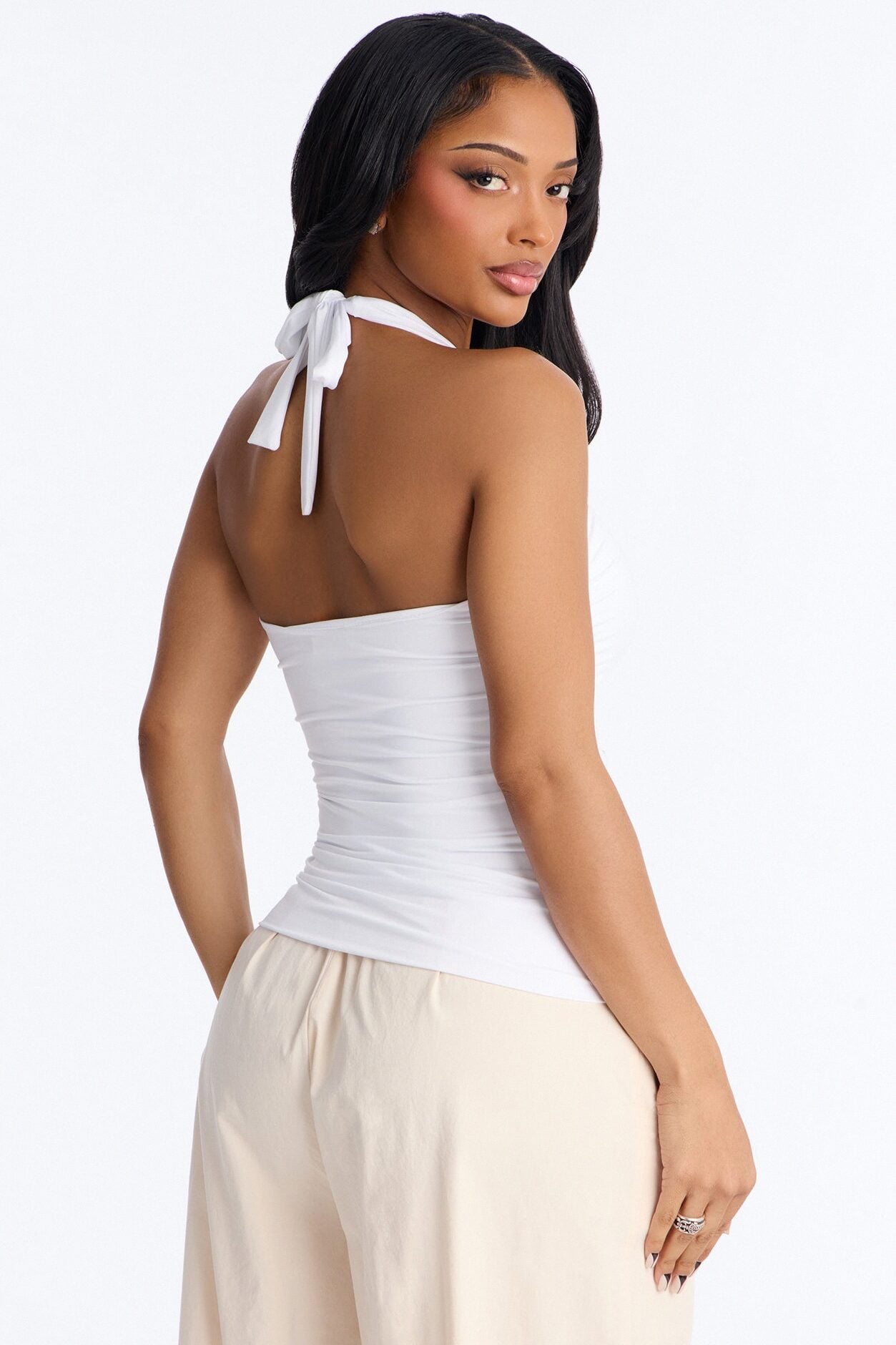 Contour Double Lined Ruched Backless Halter Top - White image 4