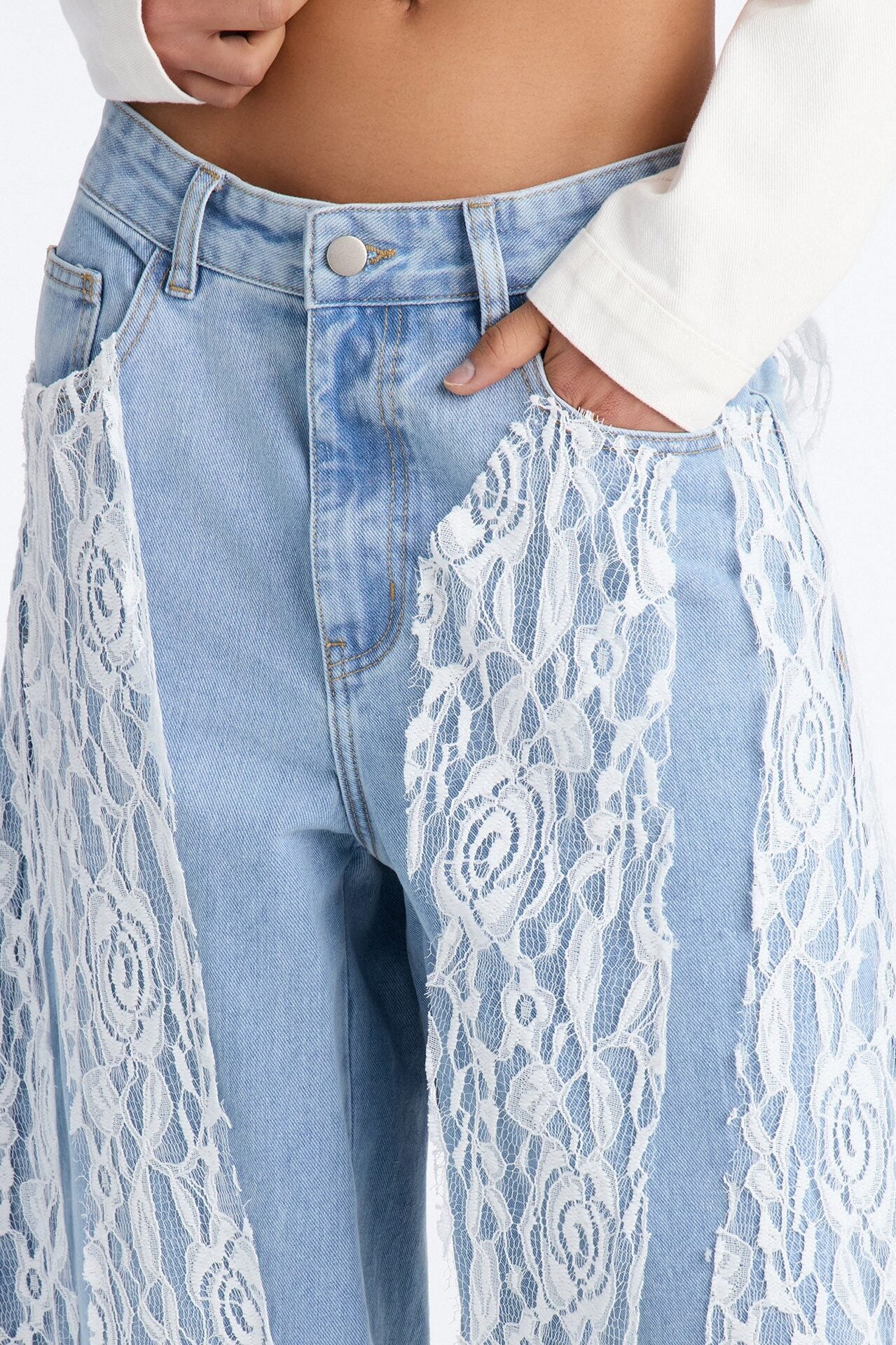 Delicate Dreams Lace Trim Culotte Jeans - Light Wash image 3