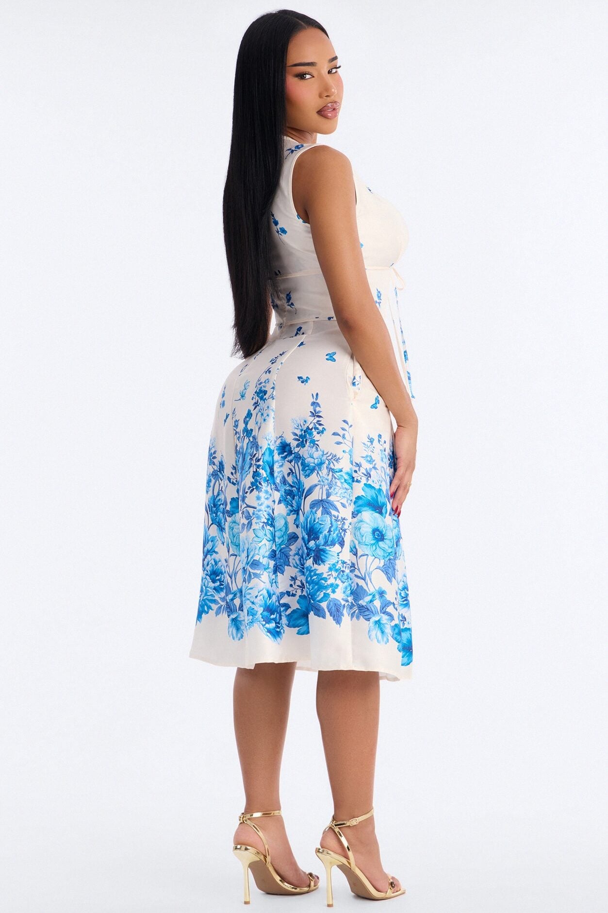 Selene Sleeveless Floral Satin Midi Dress - White/Blue image 4